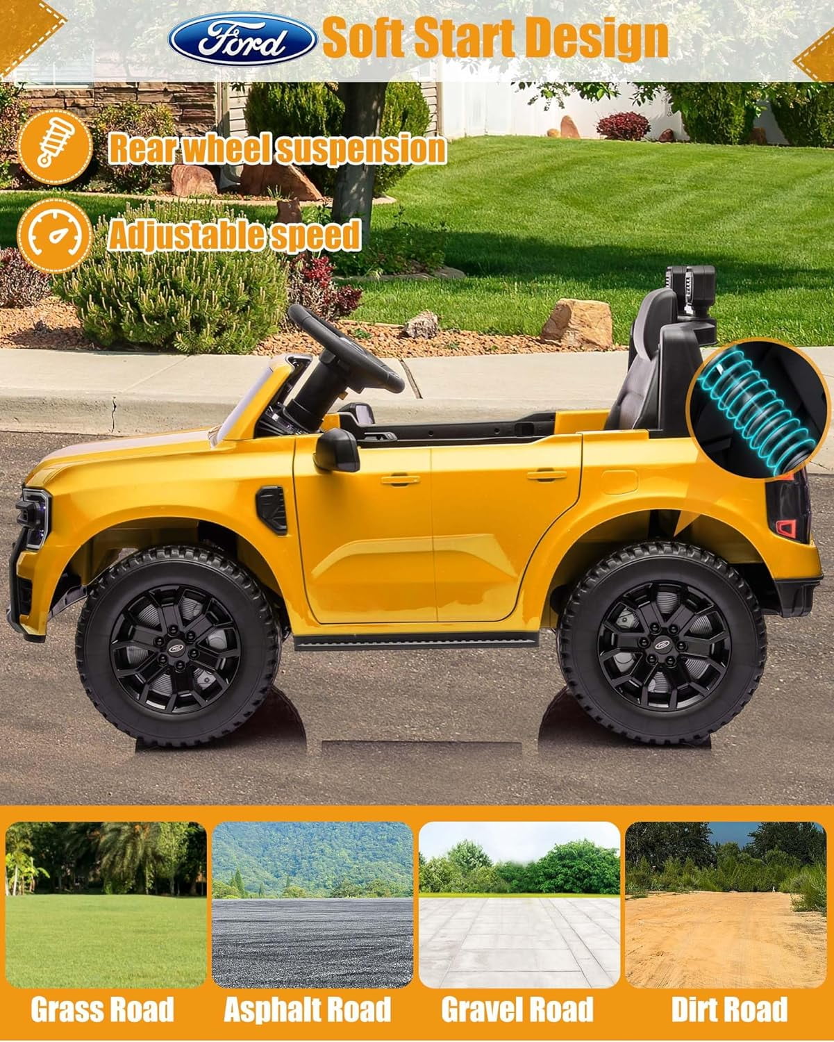 SUSIELADY 12V Licensed Ford Ranger, Kids Ride on Pickup Truck, with Remote Control, Music Player, LED Lights, Bluetooth, Soft Start, for Kids Aged 3+