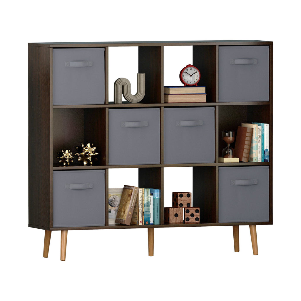 COOKCOK 12-Cube Storage Organizer, Bookshelf with Storage Bins, 4 Tier Freestanding Open Bookshelf with 6 Nonwoven Fabric Drawers,Brown