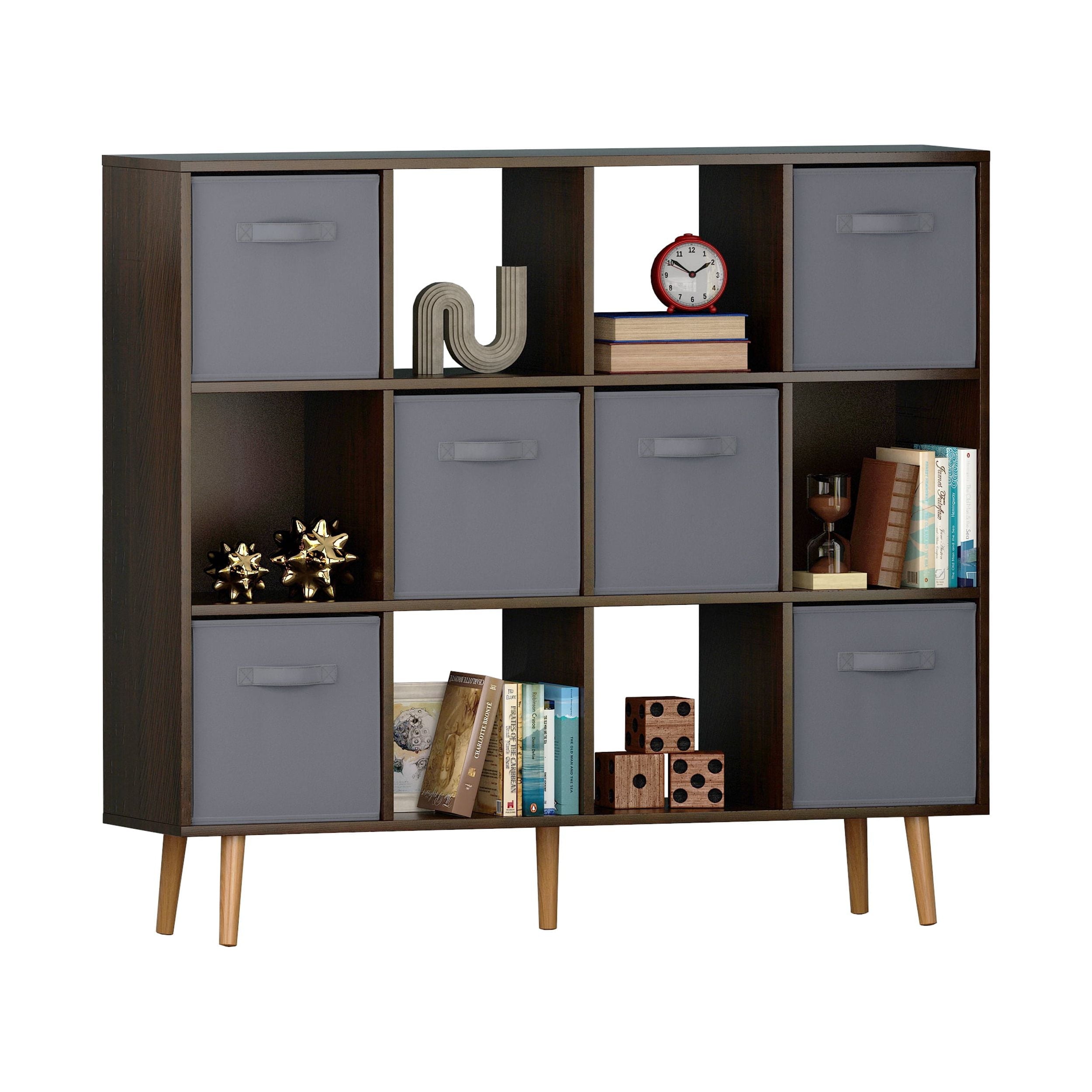 COOKCOK 12-Cube Storage Organizer, Bookshelf with Storage Bins, 4 Tier Freestanding Open Bookshelf with 6 Nonwoven Fabric Drawers,Brown