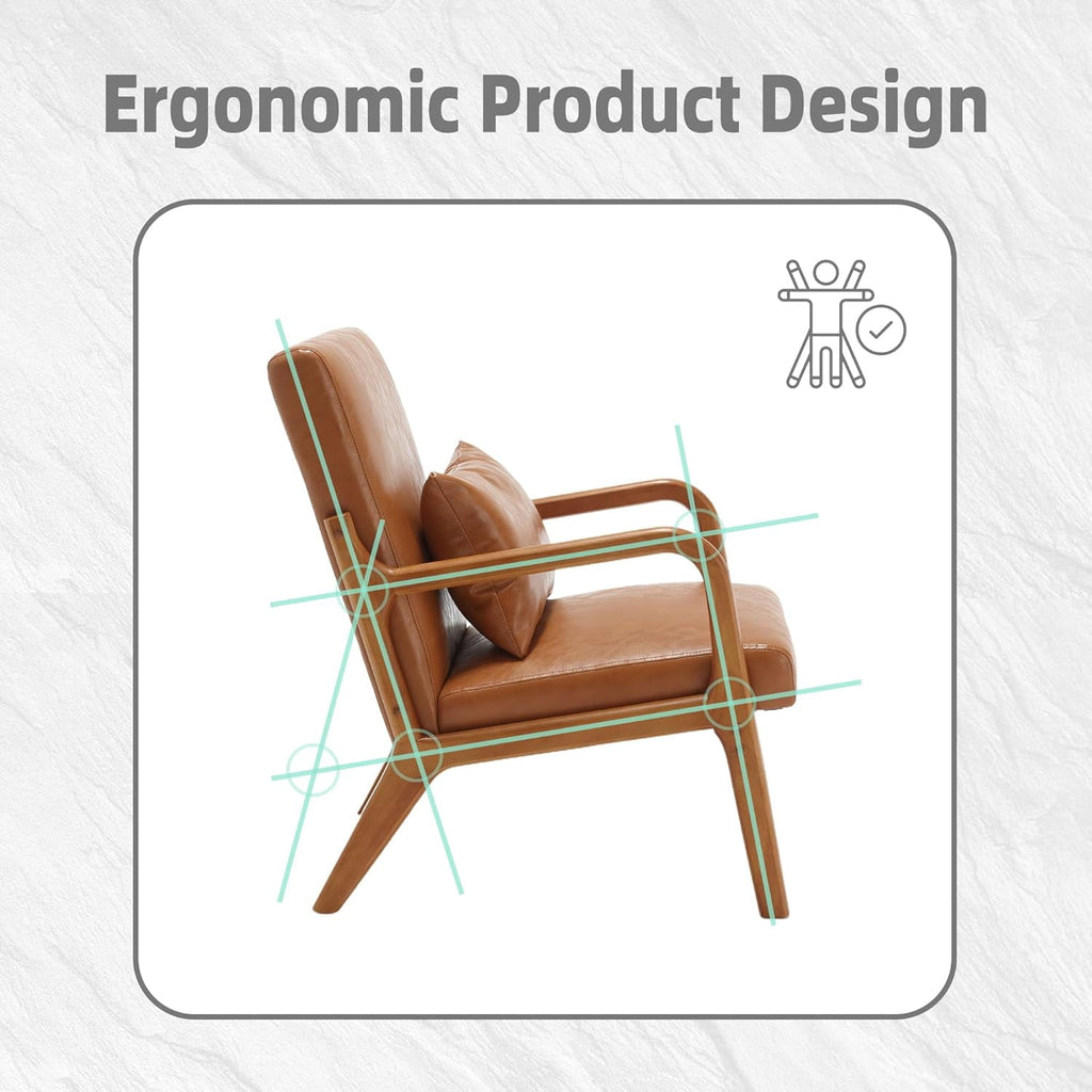BISHE Mid Century Modern Accent Chair, Solid Wood Frame Lounge Armchair with PU Leather Upholstery & Included Pillow, Comfortable Reading Chair for Living Room or Office, PU Leather, Light Brown