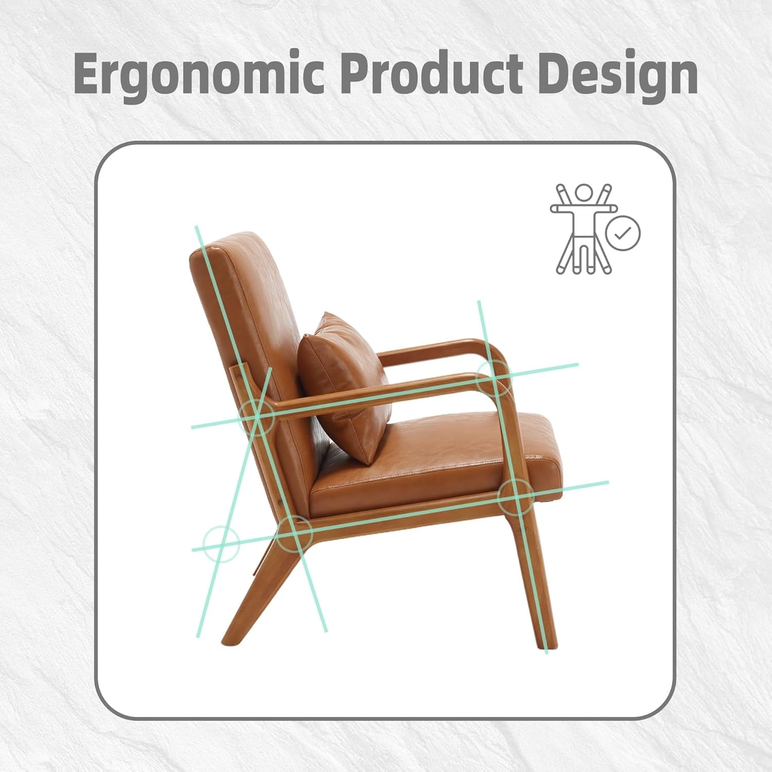 BISHE Mid Century Modern Accent Chair, Solid Wood Frame Lounge Armchair with PU Leather Upholstery & Included Pillow, Comfortable Reading Chair for Living Room or Office, PU Leather, Light Brown