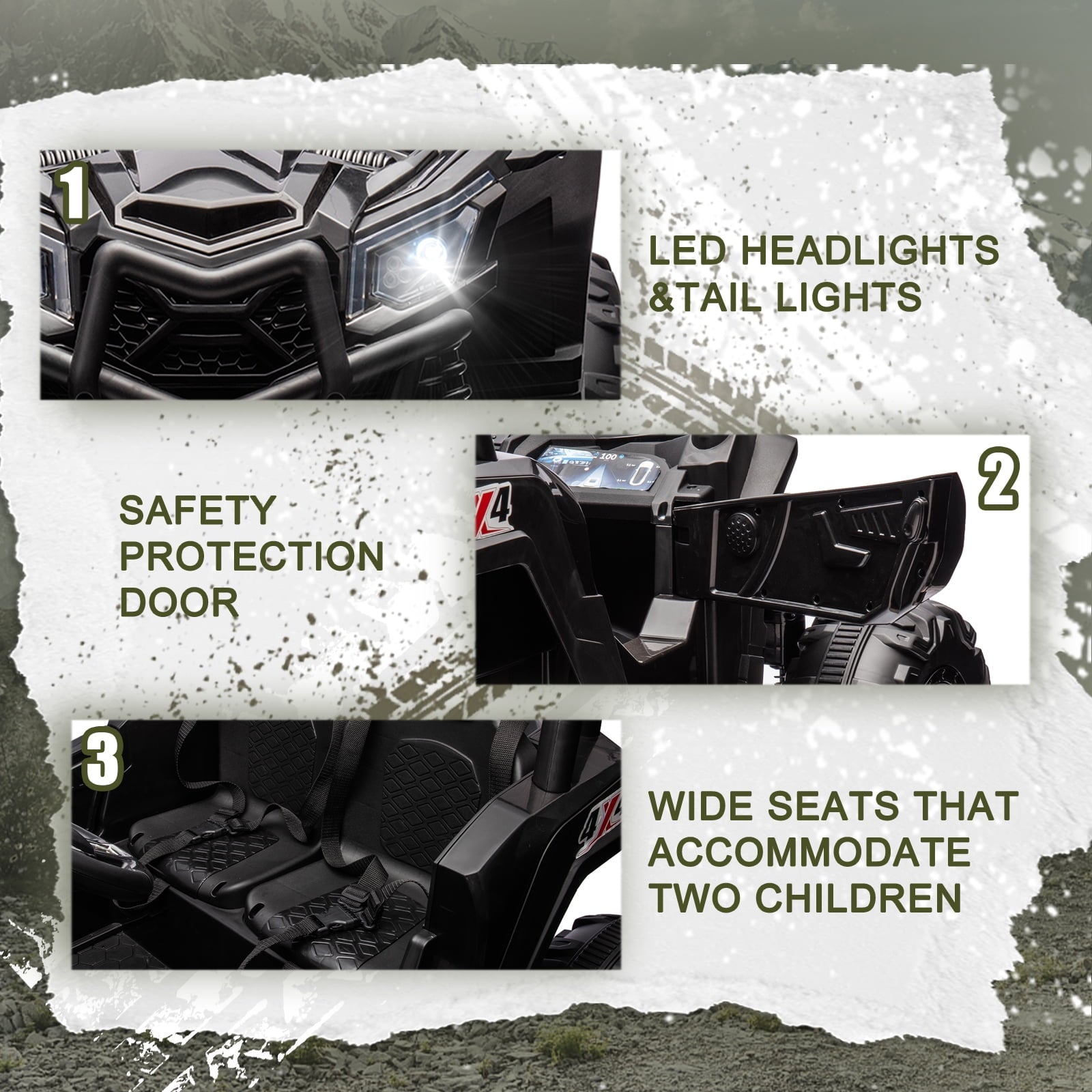 Track 7 24V Ride on UTV, 2-Seater Ride on Car with Remote Control, Music, 2 Speed, Key Start, 4x4 Ride on Off-Road Truck, Black