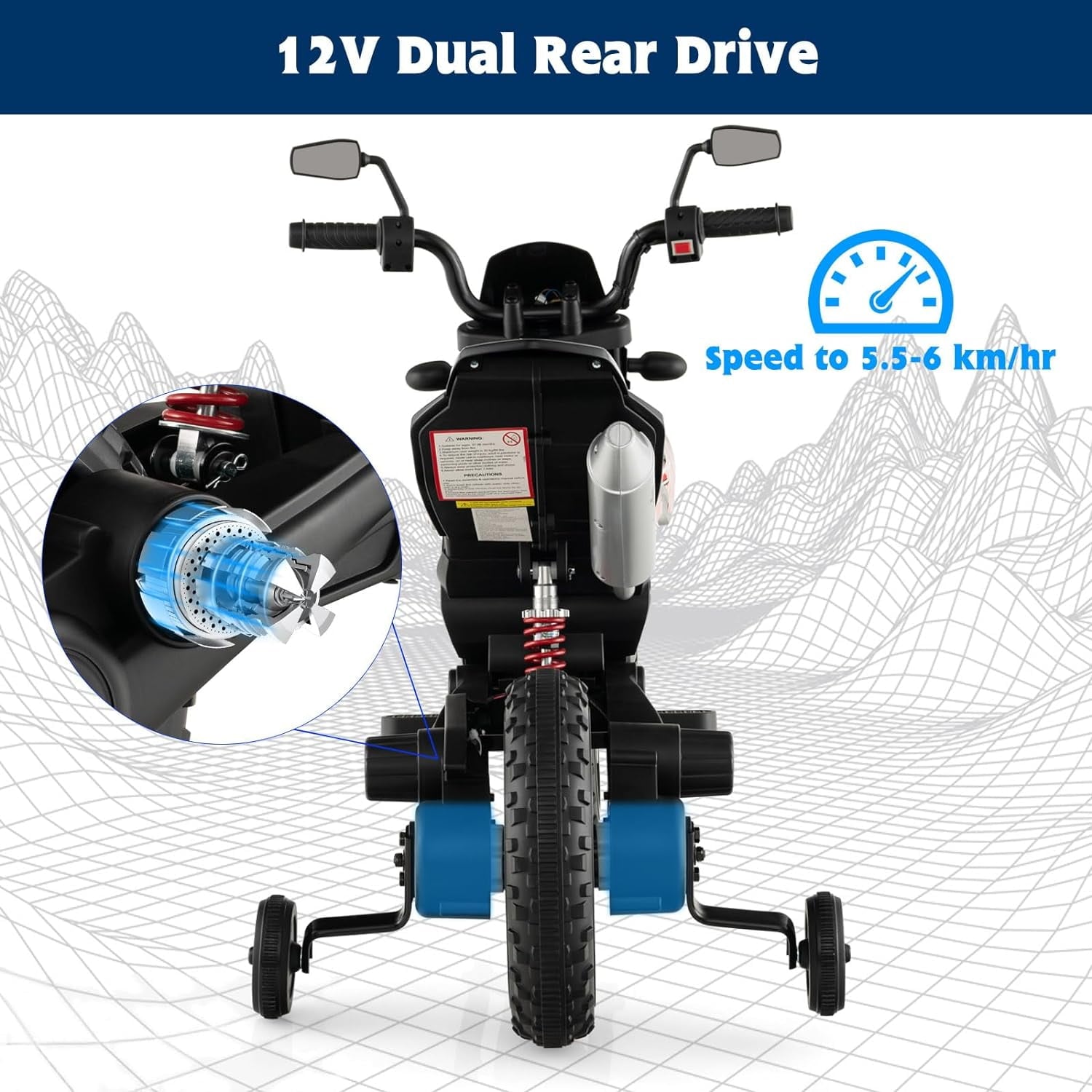 Track 7 12 V Ride on Motorcycle, Licensed Aprilia RX125 Kids Electric Motorcycle with Training Wheels, Spring Suspension, LED Lights, Music, Black