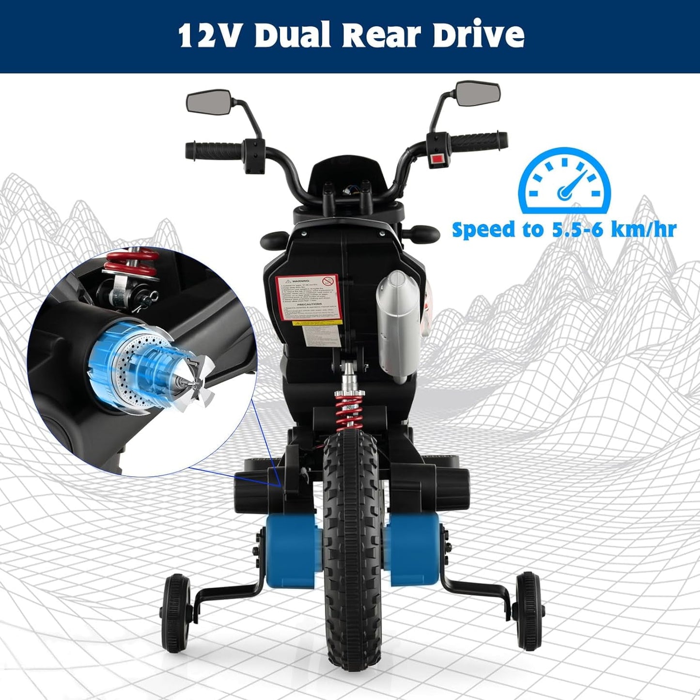 Track 7 12 V Ride on Motorcycle, Licensed Aprilia RX125 Kids Electric Motorcycle with Training Wheels, Spring Suspension, LED Lights, Music, Black
