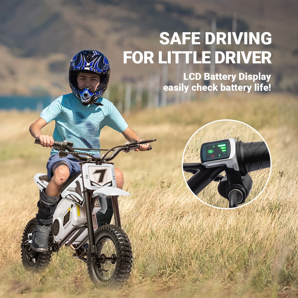 Track 7 36V Electric Dirt Bike, 350W Ride on Motorcycle with Twist Grip Throttle, Hand-Operated Dual Brakes, for Age 8-12, White