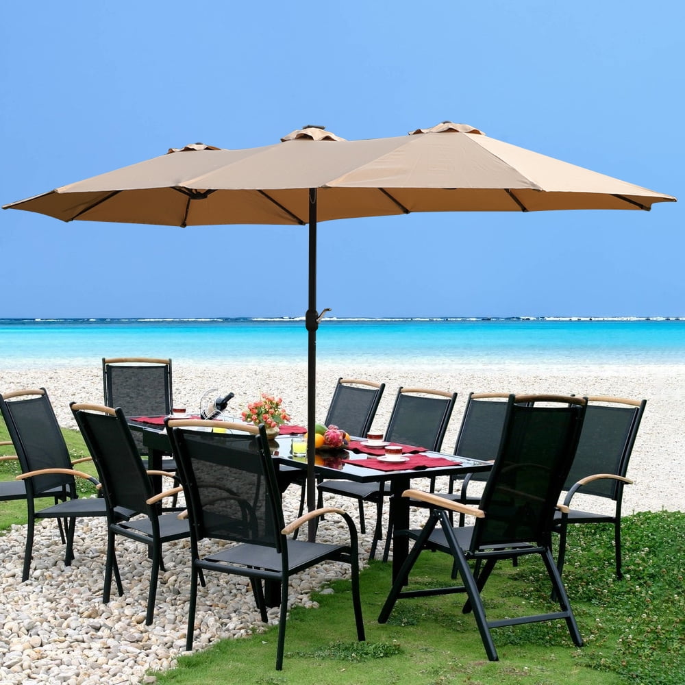 COOKCOK 15x9ft Large Patio Umbrella, Double-Sided , Hand Crank, 48 LEDs, 12 Ribs for Backyard, Khaki