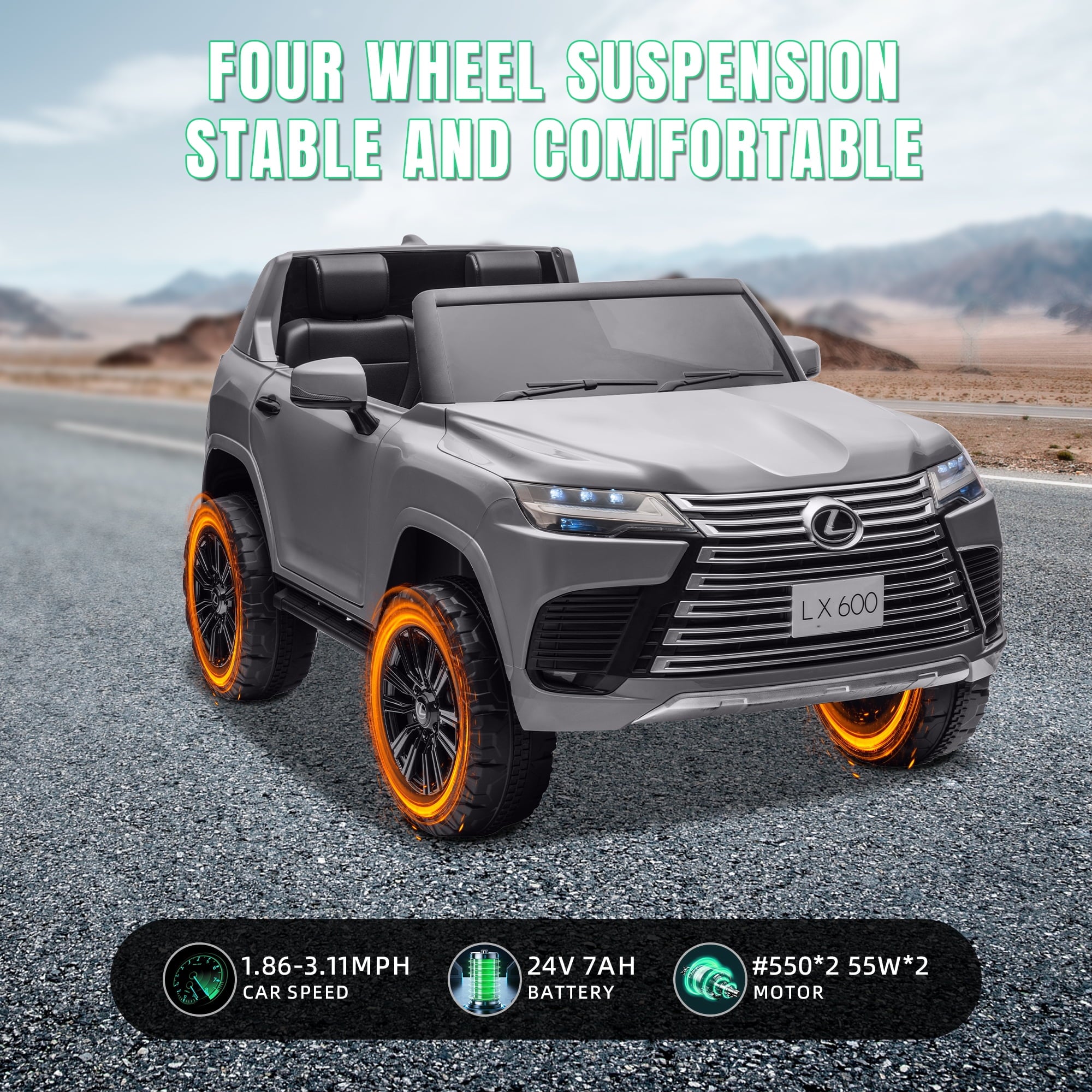 Track 7 24V 2 Seater Ride on Car, Licensed LEXUS LX600 Electric Car with Remote Control, 20" Width Seat, Bluetooth, LED Lights, Key Start, Portable Handle, 24V Ride on for Boys Girls Age 3+, Grey