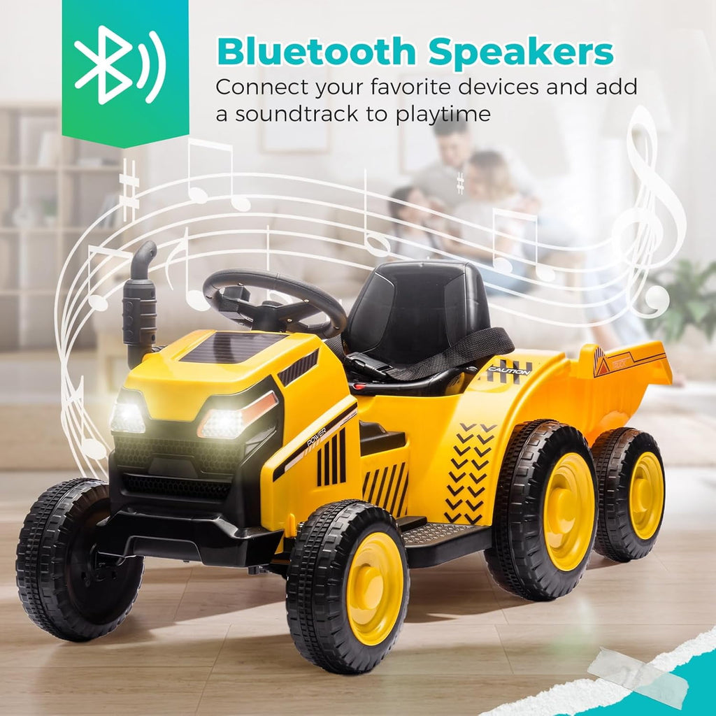 Track 7 12V Ride on Tractor, Kids Electric Tractor Black Knight with Detachable Trailer, Bluetooth, USB, 2WD, Removable storage Tug, 6-Wheel Ride on Toy Car for Boys Girls Age 3+, Yellow