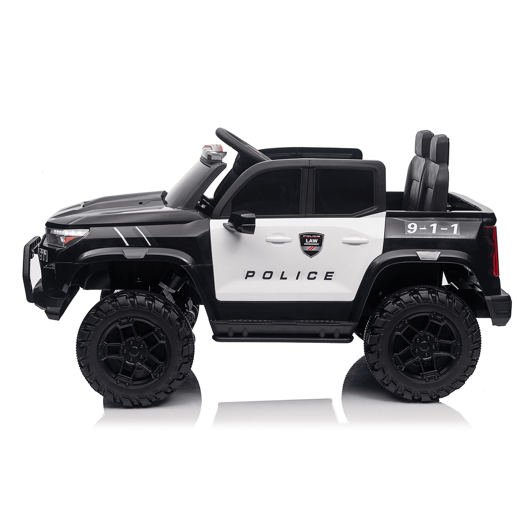 Track 7 24V 2-Seats Police Car for kid 3+, 3 speed adjustable, 2-Point Safety Belt, with Remote Control, Flashing Lights, Music, Spring Suspension, Black