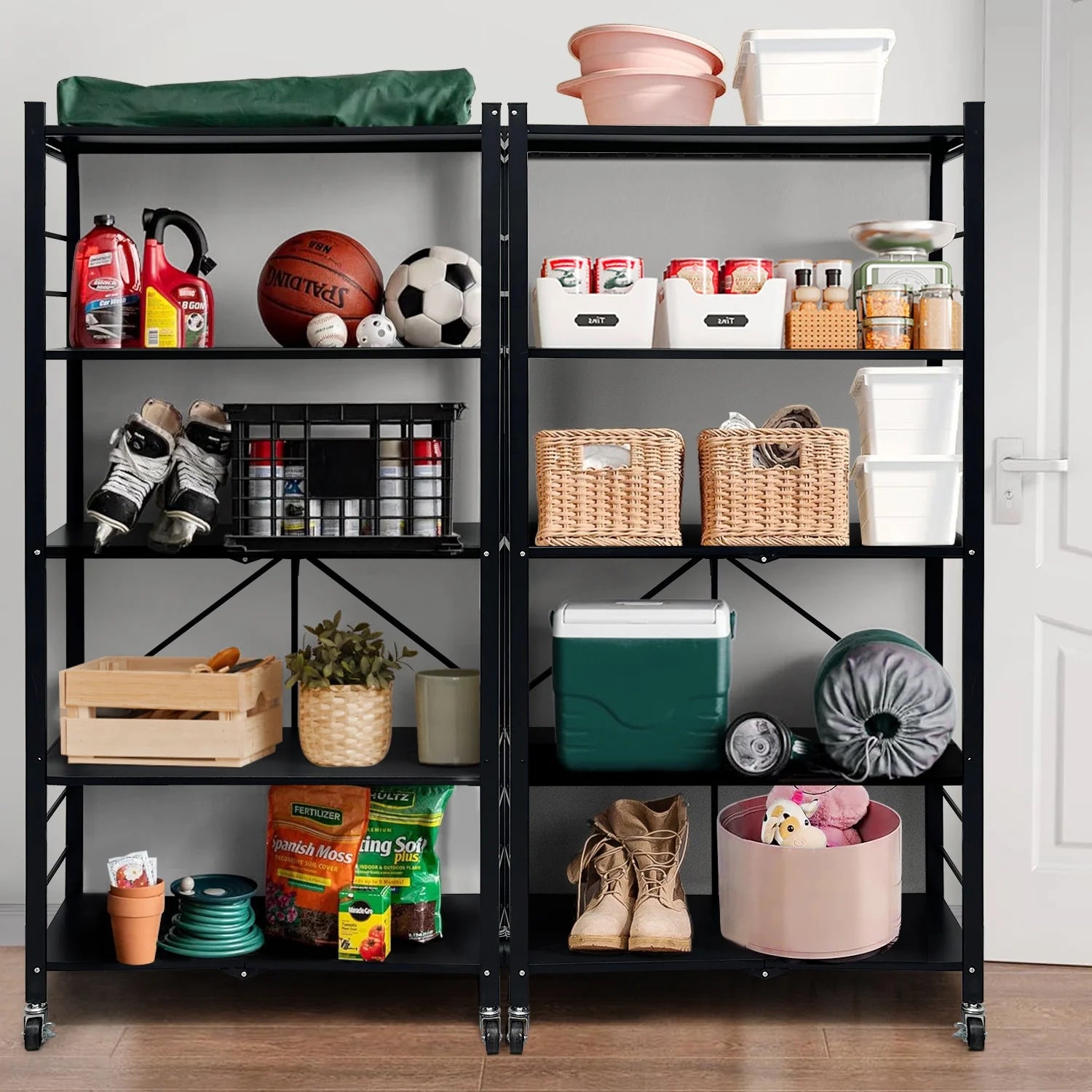 COOKCOK 5-Tier Storage Shelving Unit, Metal Shelf, Adjutable Height, Foldable Storage Shelf with Wheels, Garage Shelf, Kitchen Shelf, Side Protective, 550lbs Capacity, Black