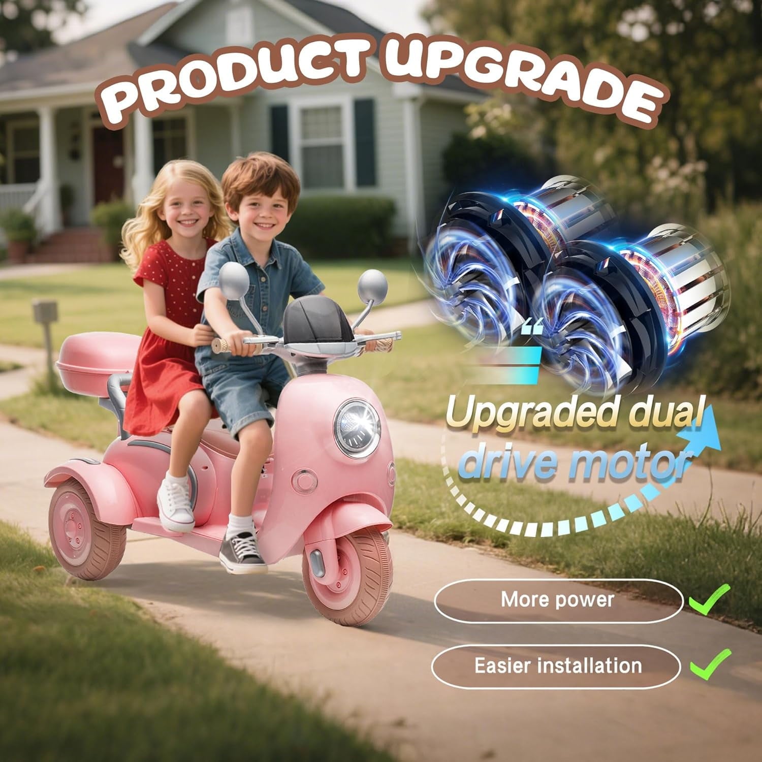 Track Seven 12V Ride on Motorcycle, 2-Seater Electric Motorcycle with Dual Motor, 3 Wheels Motorbike with Bluetooth, LED Lights, Storage Box, Front Hook, Ride on Toy Car for Boys Girls Aged 3+, Pink