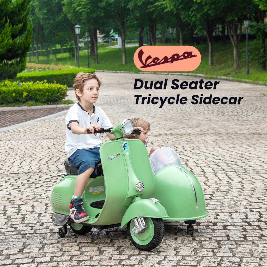 Track Seven 2-Seater Ride on Motorcycle, 12V Licensed Vespa Ride on Motorcycle wth Side Car, 2-Seater Ride on Car, Music, Max Speed 4.8mph, Green