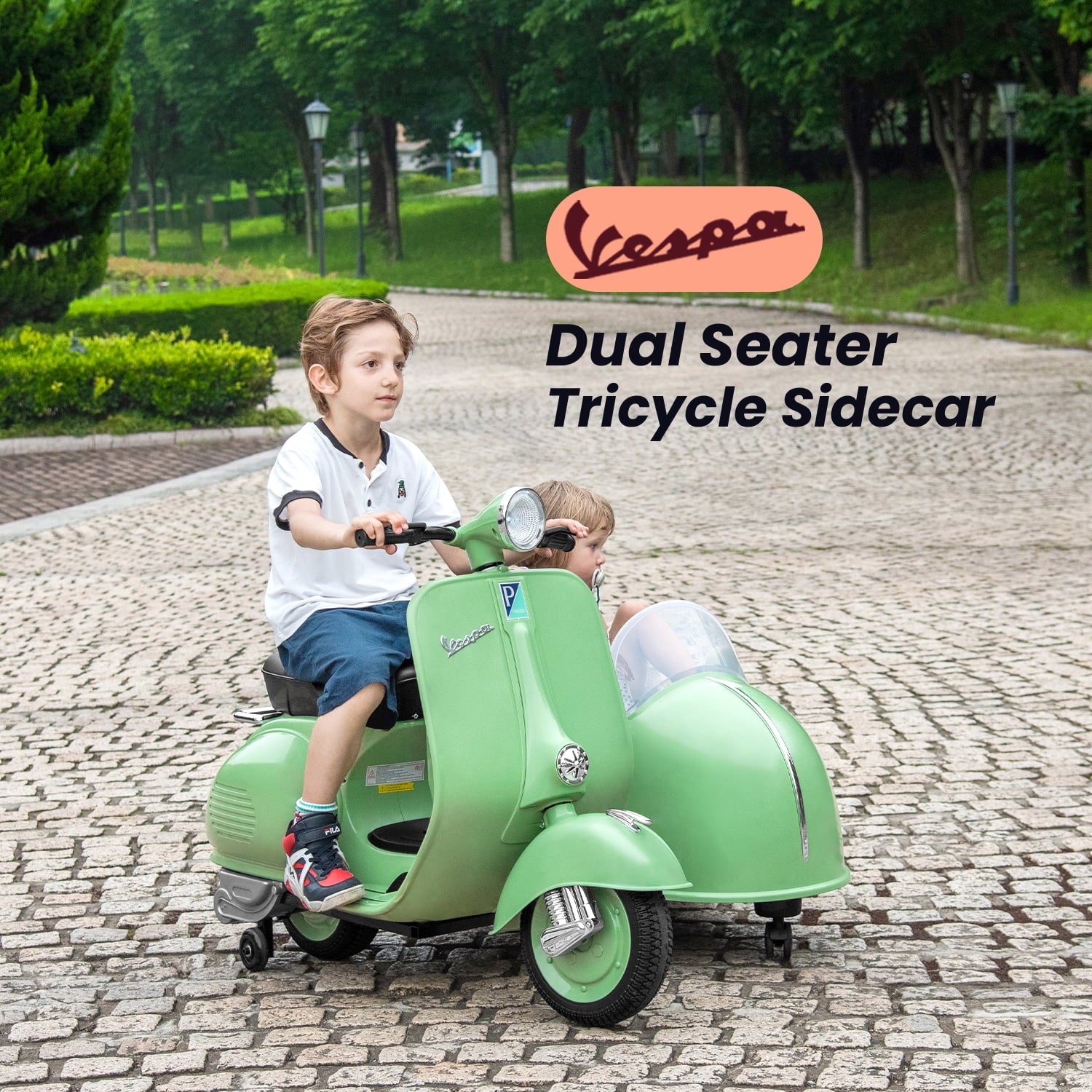 Track Seven 2-Seater Ride on Motorcycle, 12V Licensed Vespa Ride on Motorcycle wth Side Car, 2-Seater Ride on Car, Music, Max Speed 4.8mph, Green