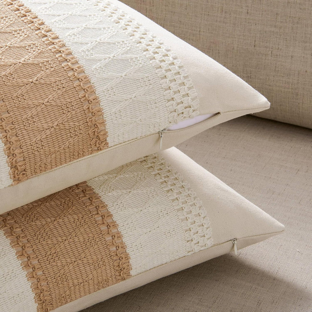 COOKCOK 2 Packs Cotton Boho Christmas Pillow Covers 18x18 Inch Contrast Beige, Soft Farmhouse Decorative Couch Pillow Cases Beige Cushion Covers for Sofa Bed Living Room Home Decor
