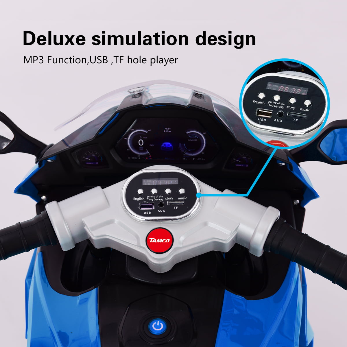 Track 7 12 V Kids Ride on Motorcycle, 3 Wheels Electric Trike Motorcycle for Boys and Girls, Light Wheels, Music, Headlights, Blue
