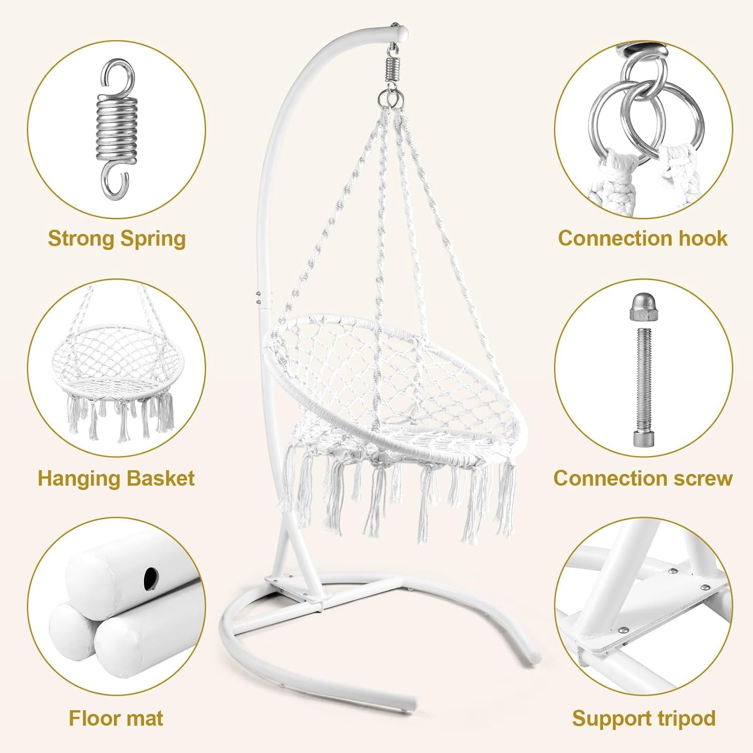 COOKCOK Boho Swinging Hammock Chairs with Stand for Bedroom, Patio, Porch, 265LBS Capacity, White