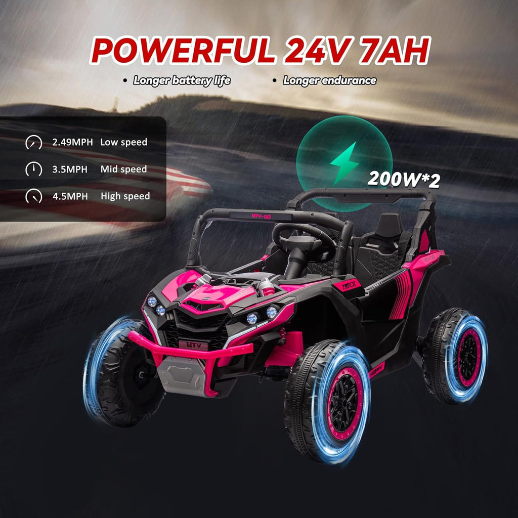 Track 7 24V 2-Seater Ride on UTV, 20" Large Seat, 2 x 200W Powerful Motors, 4.5 mph Max Speed, Ride on Car w/Remote Control, MP3, Lights, Battery Powered Electric Car for Boys Girls Age 3+, Blue