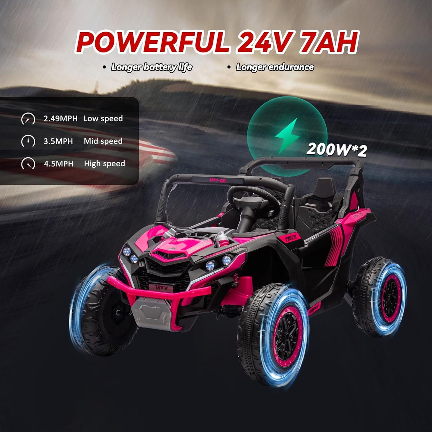 Track 7 24V 2-Seater Ride on UTV, 20" Large Seat, 2 x 200W Powerful Motors, 4.5 mph Max Speed, Ride on Car w/Remote Control, MP3, Lights, Battery Powered Electric Car for Boys Girls Age 3+, Blue