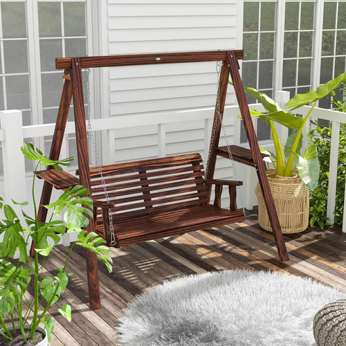 COOKCOK  2-Seat Porch Swing with Stand,  528 lbs Capacity Wooden Patio Swing Chair with Stand and Side Tables for Garden, Poolside & Backyard, Brown