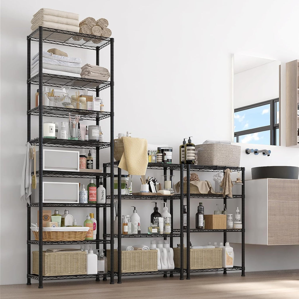 COOKCOK 8-Tier Wire Shelving Unit, Adjustable Metal Garage Storage Shelf with Hooks, 1600Lbs Capacity, 23.6" W x 13.8" D x 78.7" H, Silver