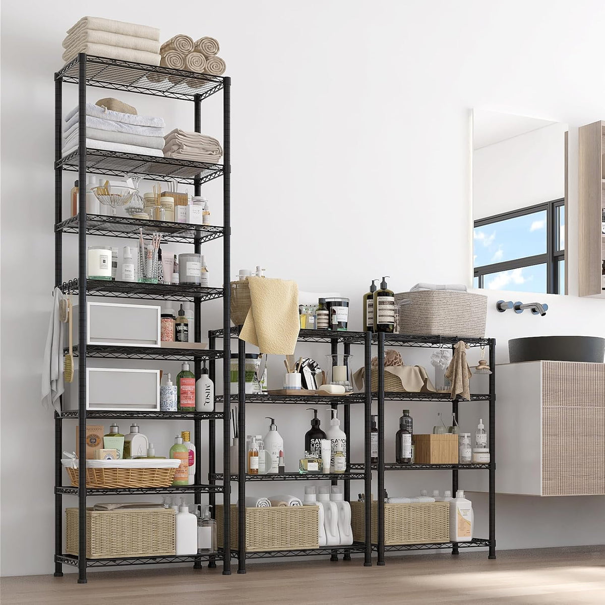 COOKCOK 8-Tier Wire Shelving Unit, Adjustable Metal Garage Storage Shelf with Hooks, 1600Lbs Capacity, 23.6" W x 13.8" D x 78.7" H, Silver