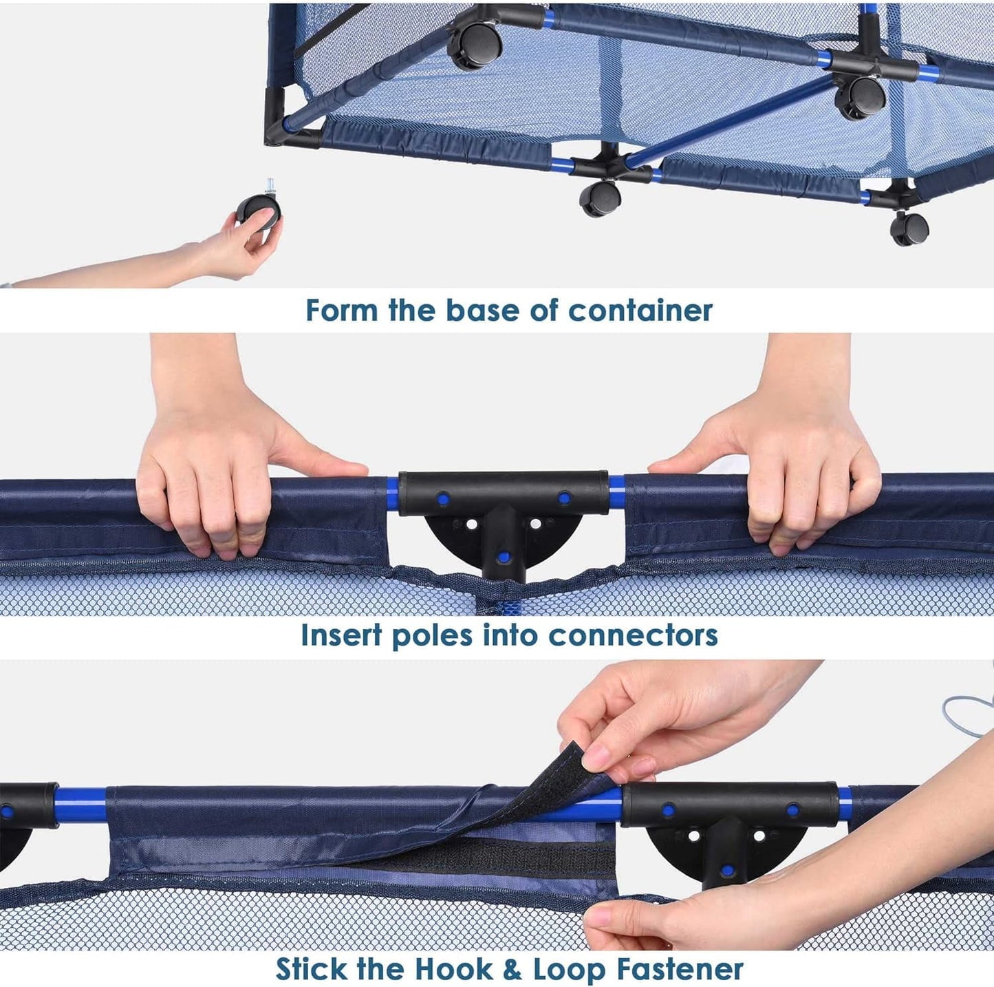 COOKCOK Pool Storage Bin Cart, Rolling Pool Storage Mesh Basket Organizer, Large Capacity Swim Accessories Holder for Pool Balls, Noodles, Floats, Beach Towels, 36" L x24 W x 35"H, Blue