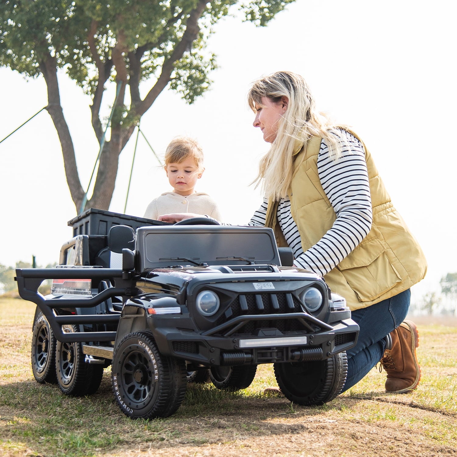 Track 7 24V Ride on Car, 4WD Electric Car for Boys Girls Age 3+, 6 Wheels Ride on Car with Remote Control, Music, Lights, Rocking Mode, Storage Box, Red