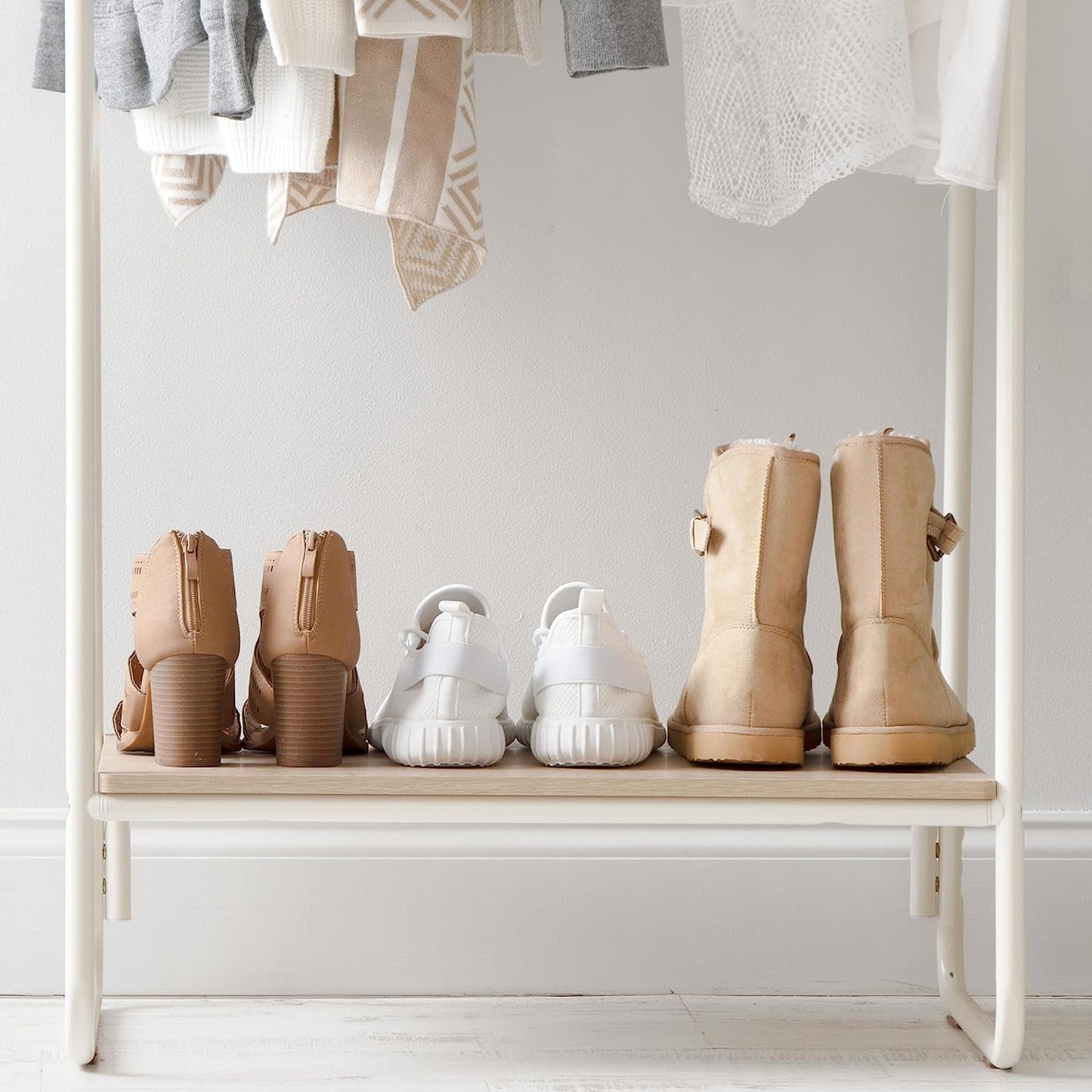 COOKCOK Clothes Rack for Hanging Clothes with 2 Wood Shelves, Freestanding Clothing Rack, Easy to Assemble Garment Rack, Metal, Sturdy Design, Small Space Storage Rack, White