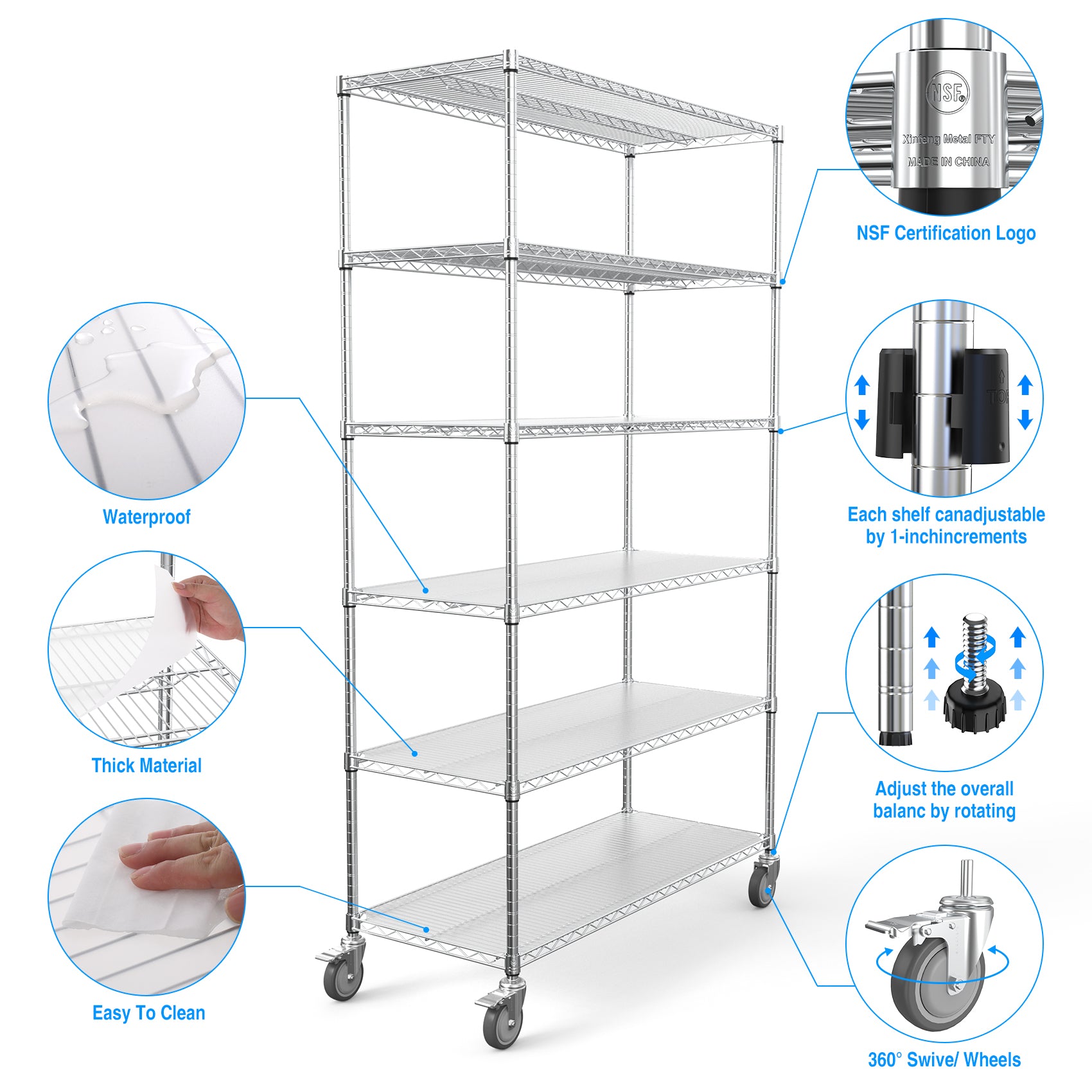 COOKCOK 6-Tier Wire Shelving Unit, Height Adjustable Metal Storage Shelf, 48" x 20" x 84.5" Garage Storage Shelves with Wheels, 700lbs Capacity, Heavy Duty Wire Rack with PE Mat, Chrome