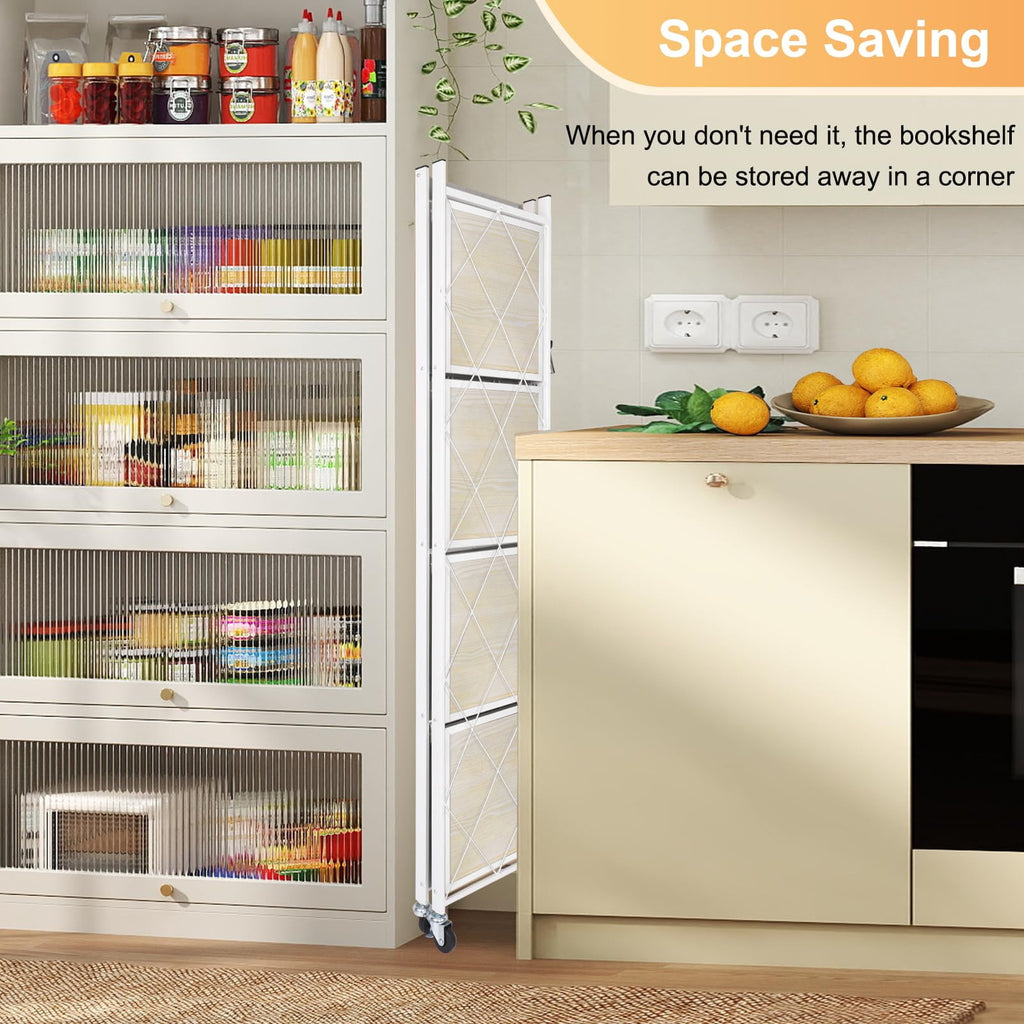 COOKCOK 5-Tier Storage Shelving Unit, Folding Bookshelf, Metal Shelf 27.9"x13.4"x62.5, Foldable Storage Shelf with Wheels, Garage Shelf, Kitchen Shelf, No Assemble Require, White