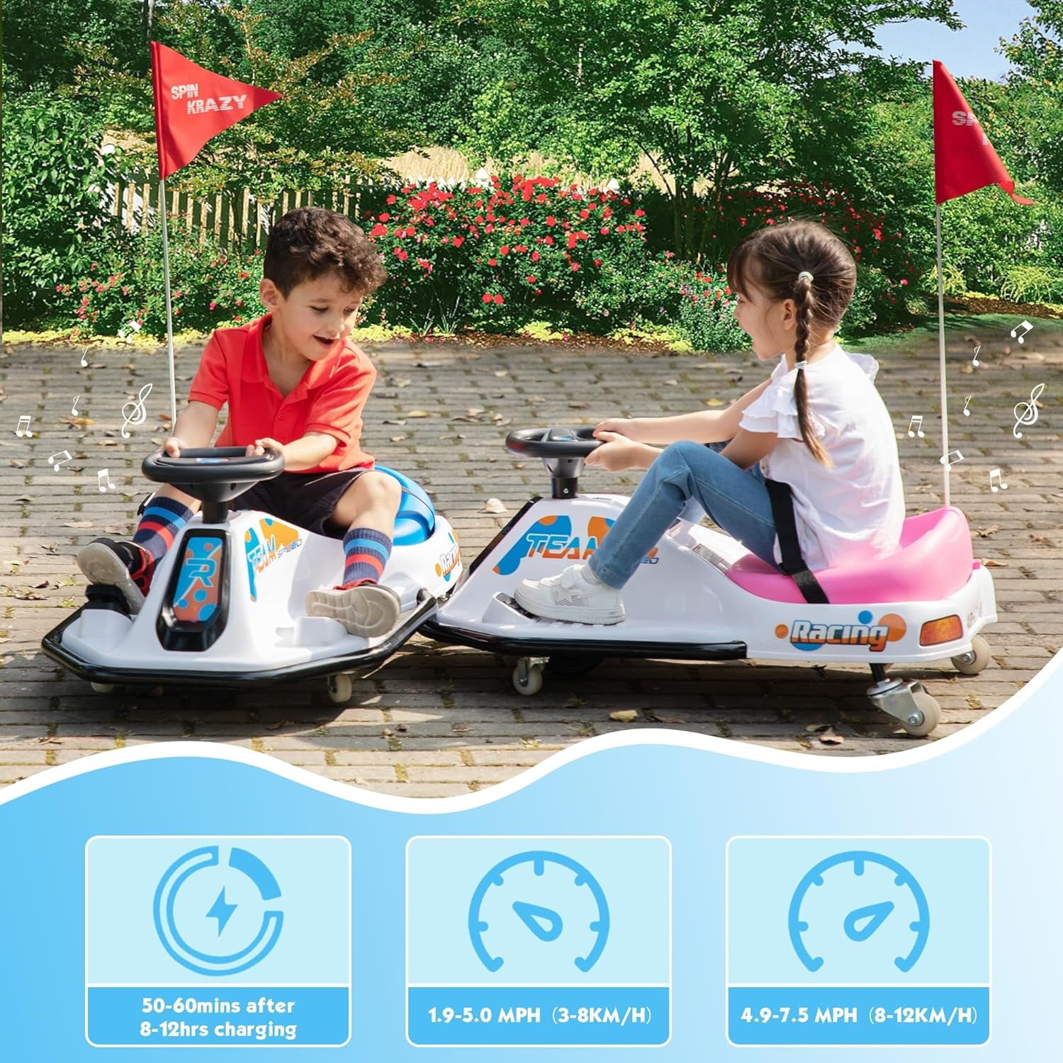Track 7 24V Electric Drifting Go Kart for Kids, Kids Electric Go Kart w/360-Degree Spin, Music, Bluetooth, Flag, Drift Kart Up to 7.5 mph, Blue