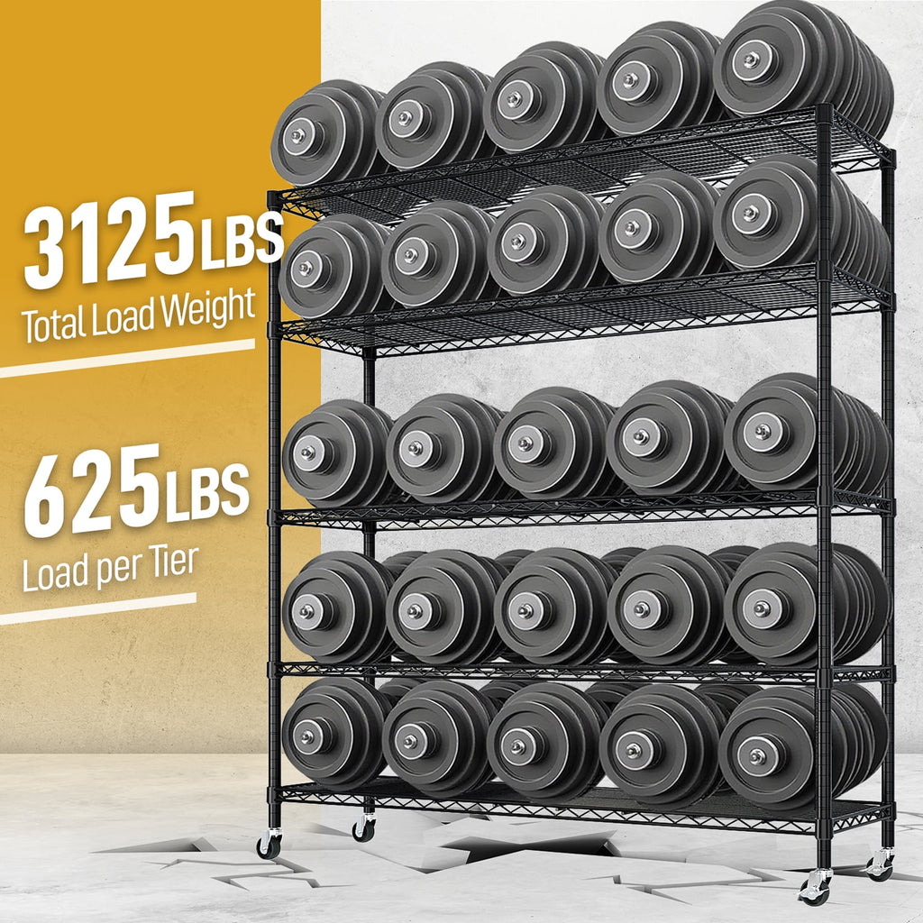 COOKCOK 5-Tier Storage Shelves, 74" H Heavy Duty Wire Storage Shelves with Wheels, Adjustable Metal Shelving, Rolling Metal Organizer Shelf Utility Rack for Warehouse, Restaurant, 59" x 17" x 74"