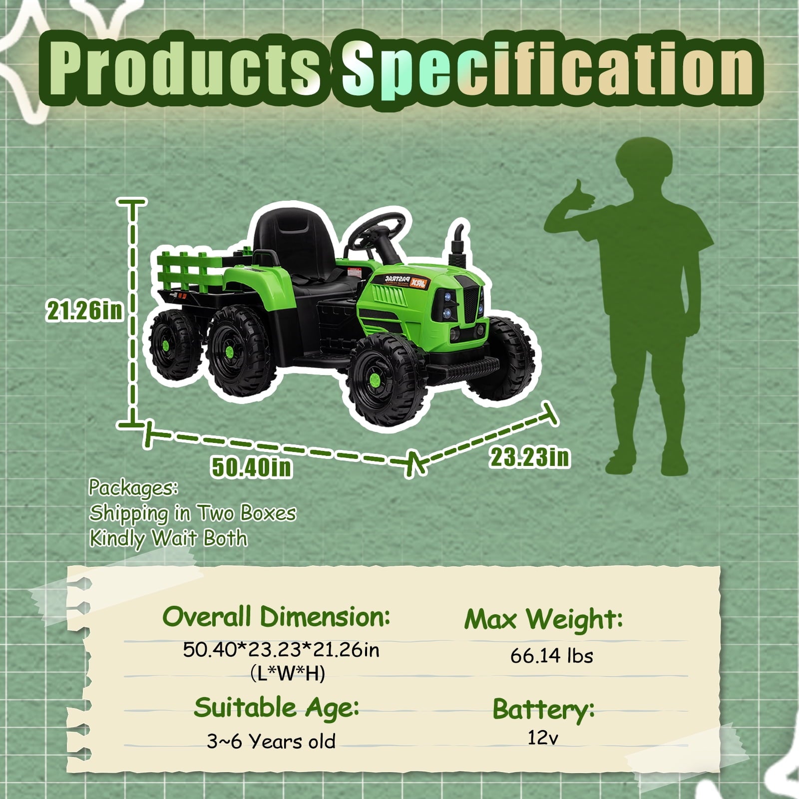 Track 7 12V Ride on Tractor with Trailer, 3-Gear-Shift Ground Loader, Kids Ride on Car with Remote Control, Bluetooth, Music, LED Lights, Electric Car for Boys Girls, Light Green