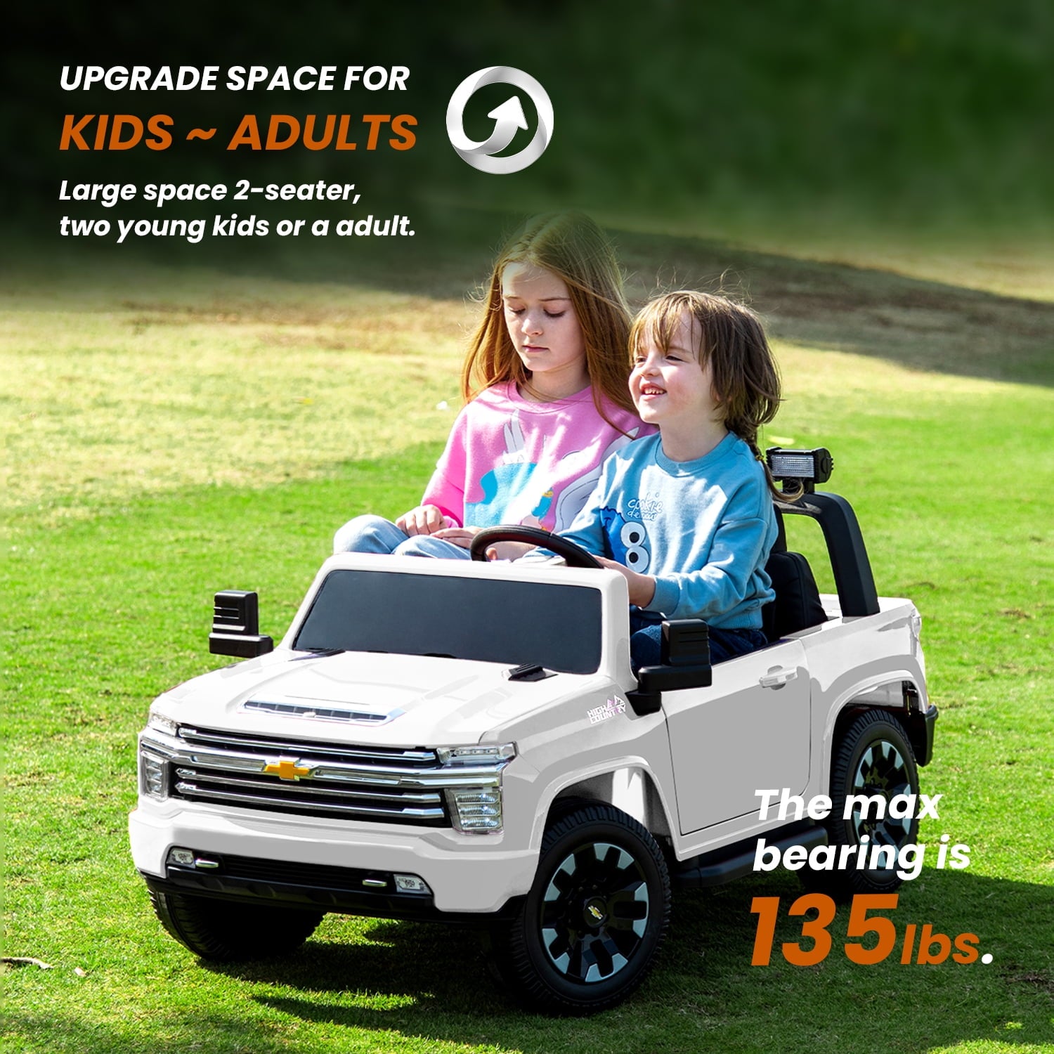 LISUEYNE 24V Ride on Car, Licensed Silverado HD 2 Seater Electric Car for Boys Girls Age 3+, 24V Ride on Truck with Remote Control, Music, ABC, Max Speed 4.7mph, White