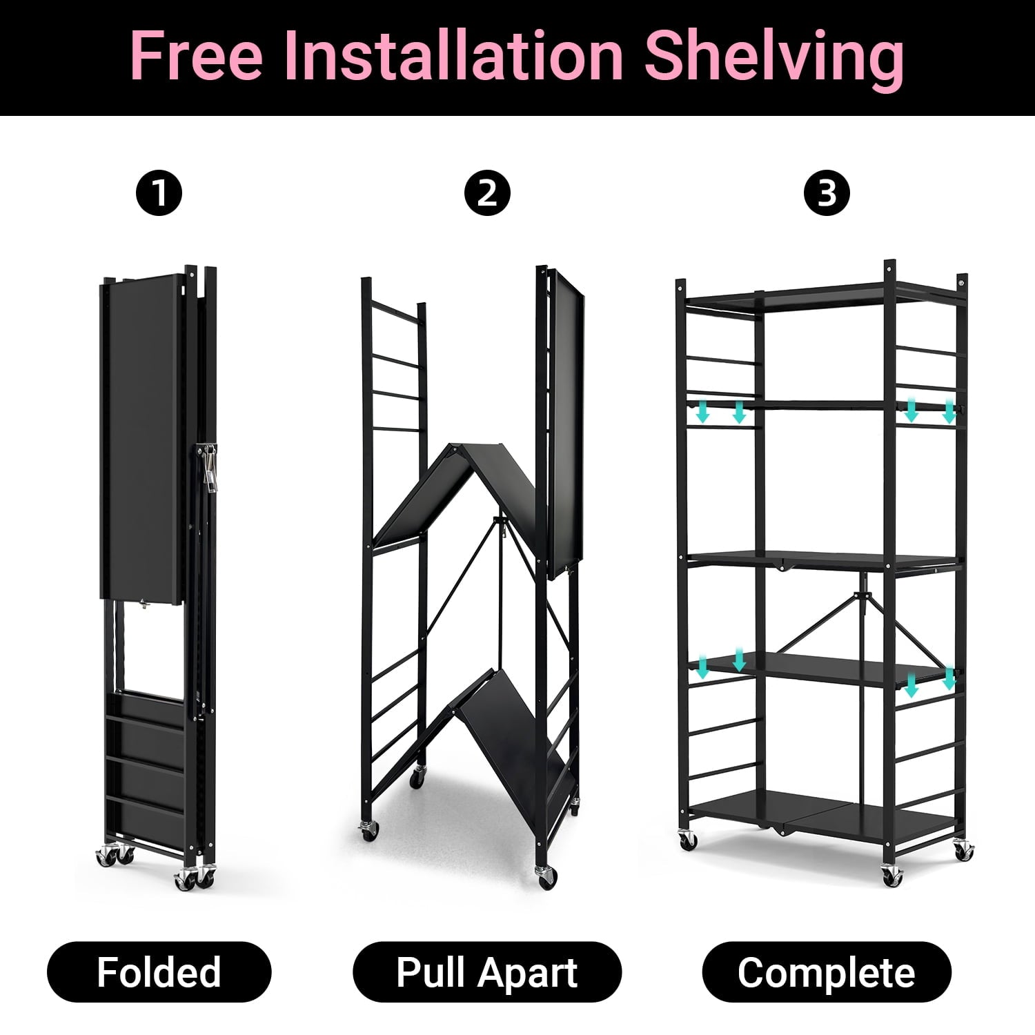 COOKCOK 5-Tier Storage Shelving Unit, Metal Shelf, Adjutable Height, Foldable Storage Shelf with Wheels, Garage Shelf, Kitchen Shelf, Side Protective, 550lbs Capacity, Black