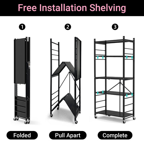 COOKCOK 5-Tier Storage Shelving Unit, Metal Shelf, Adjutable Height, Foldable Storage Shelf with Wheels, Garage Shelf, Kitchen Shelf, Side Protective, 550lbs Capacity, Black