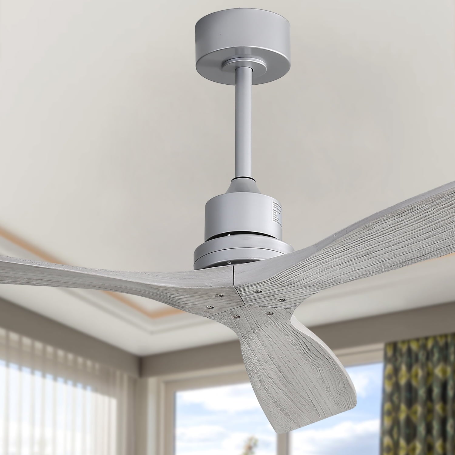 COOKCOK 52" Ceiling Fan, Outdoor Wood Ceiling Fan with Remote, 3 Carved Wood Fan Blade, Reversible Motor, Grey