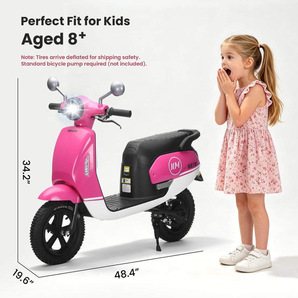 Track Seven 24V Ride on Motorcycle, 250W Ride-on Scooter Moped with Twist Throttle, LED Light, 12" Pneumatic Tires, Bluetooth, Max 10Mph, 24V Electric Motorcycle for Kids Girls Boys Aged 8-12, Rose