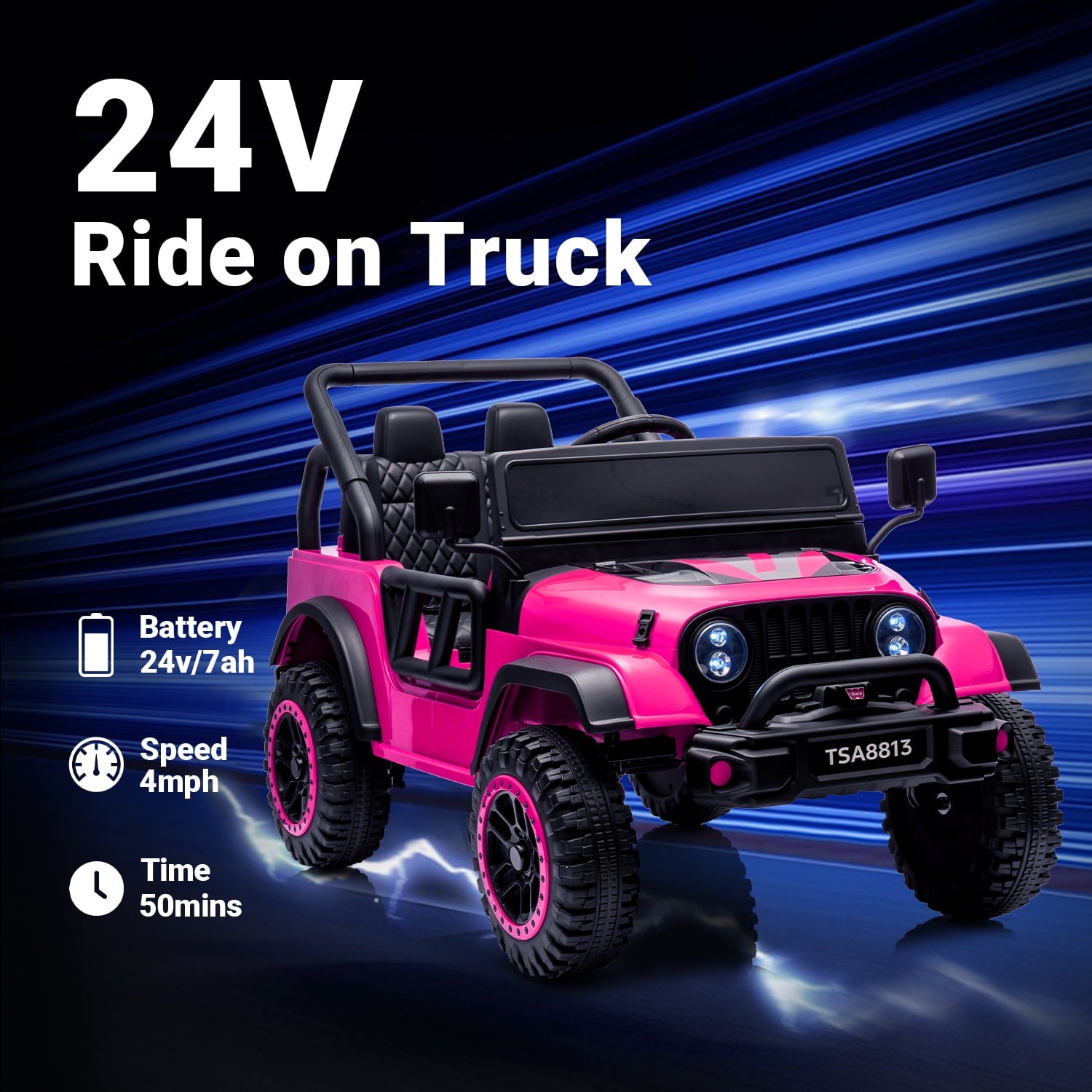 Track 7 24V Ride on Truck, Electric Car for Boys Girls, Ride on Car with Remote Control, Music, Bluetooth, Lights, Spring Suspension, Max Speed 5 mph, Pink