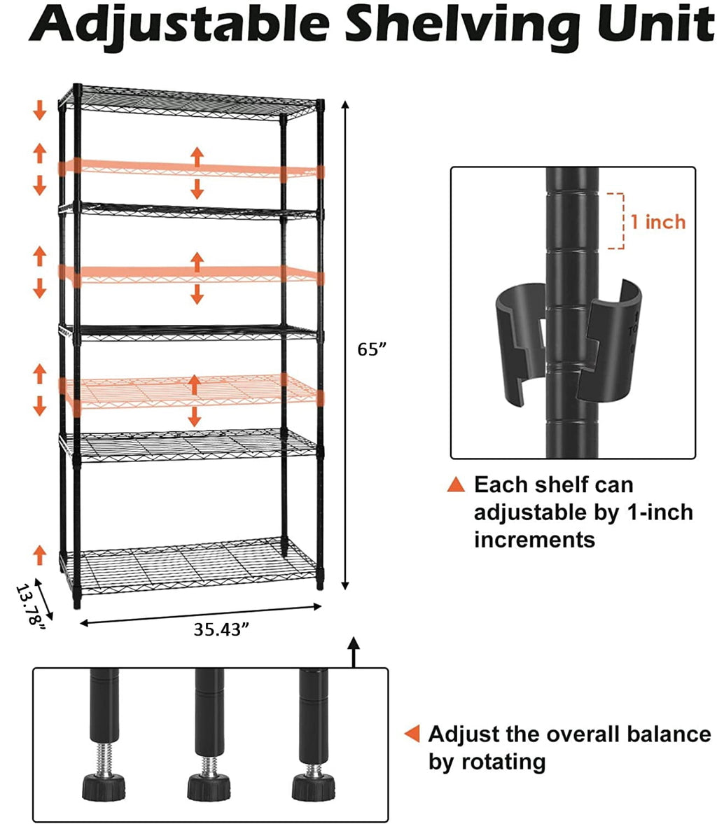 COOKCOK 5-Tier Wire Shelving with Wheels, 35.4"x 13.8"x 65" Heavy Duty Shelf, Height Adjustable Rolling Metal Shelves for Storage,  750lbs Capacity, Black