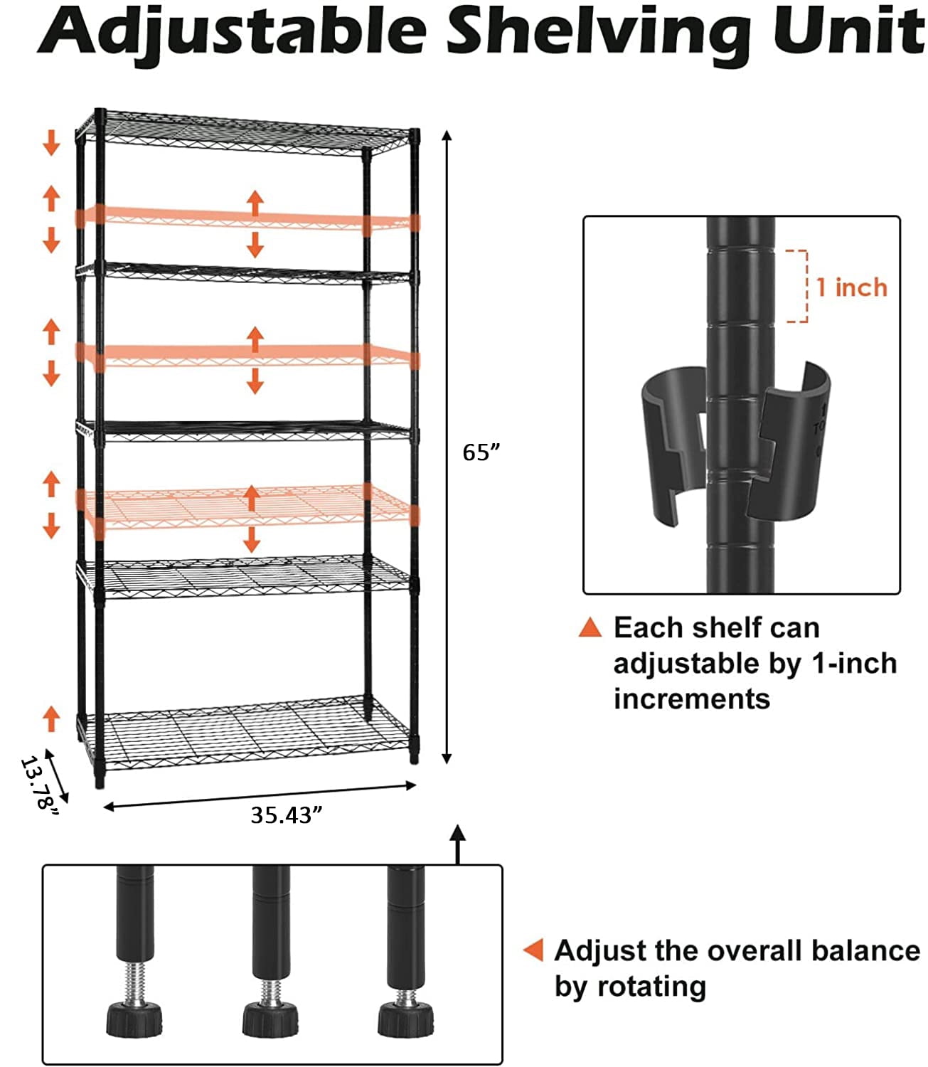 COOKCOK 5-Tier Wire Shelving with Wheels, 35.4"x 13.8"x 65" Heavy Duty Shelf, Height Adjustable Rolling Metal Shelves for Storage,  750lbs Capacity, Black