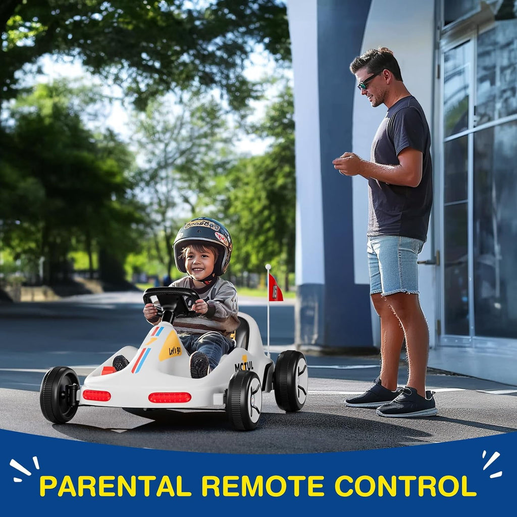 Track 7 12V Ride on Go Kart, Kids Electric Drifting Go Kart with Remote Control, Flashing Taillight, Bluetooth, Storytelling, Max Speed 3.7 mph, Portable Electric 4-Wheeler Car for Boys Girls Age 3+, White
