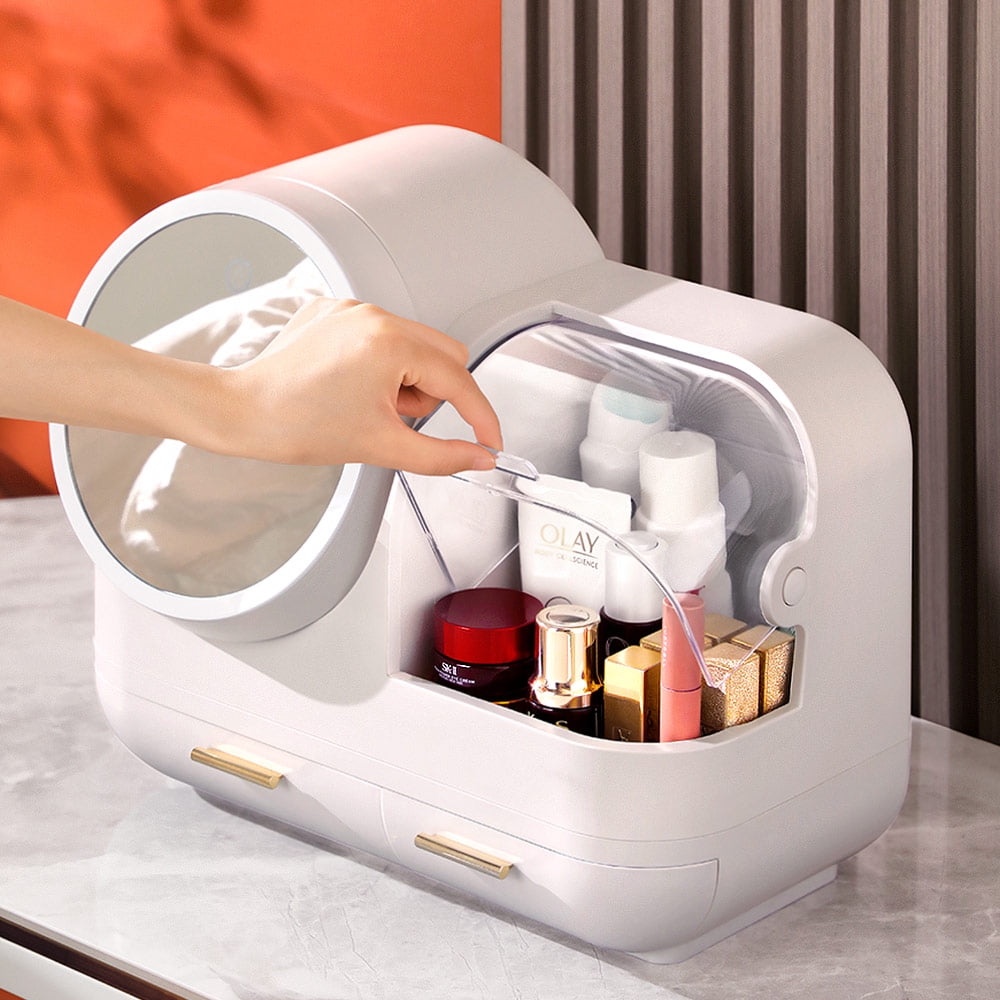 COOKCOK Makeup Storage Organizer,  Standing Countertop Multifunctional Cosmetic Organizer with Fan and 360° Rotating 3 Color Adjustable LED Mirror, White