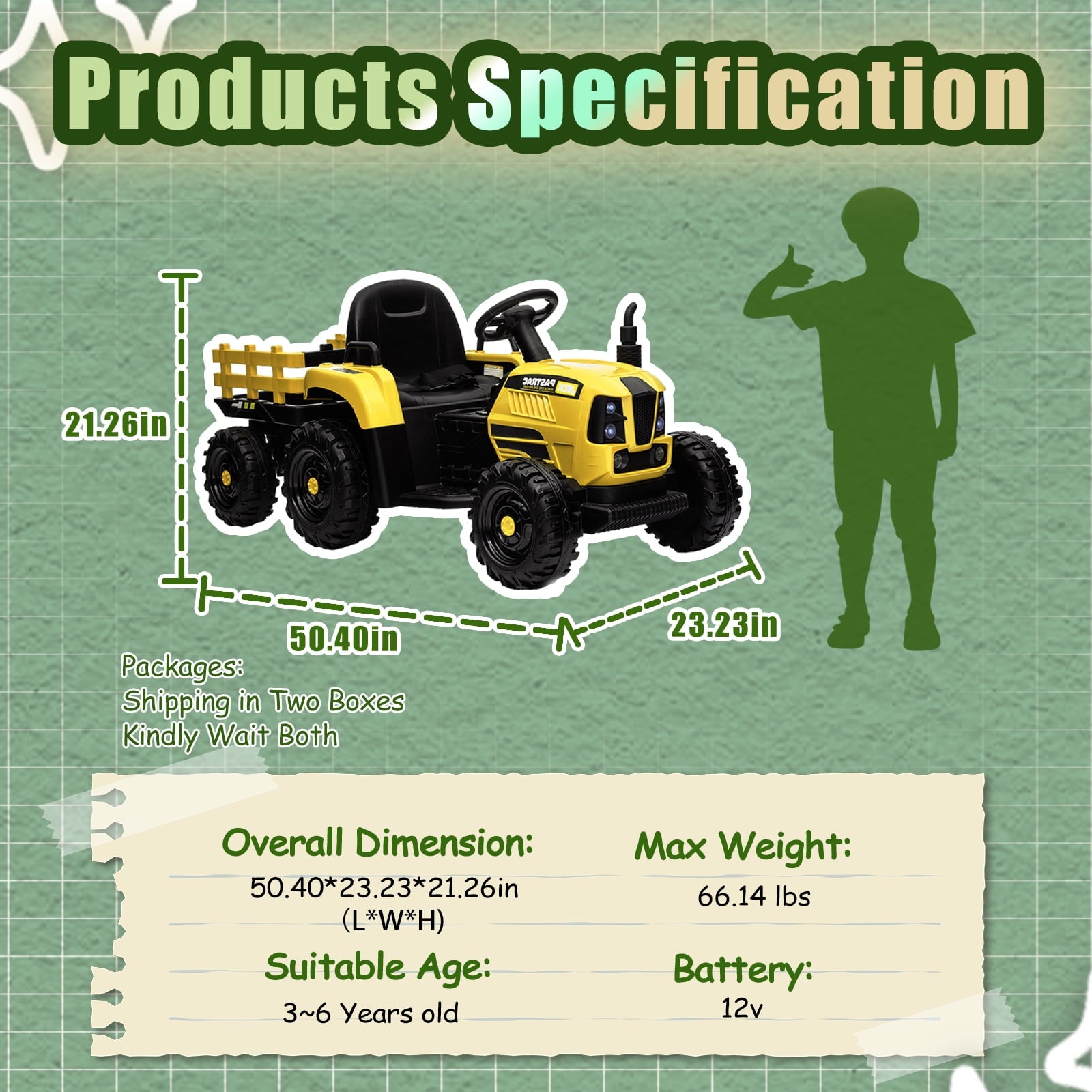 Track 7 12V Ride on Tractor with Trailer, 3-Gear-Shift Ground Loader, Kids Ride on Car with Remote Control, Bluetooth, Music, LED Lights, Electric Car for Boys Girls, Yellow