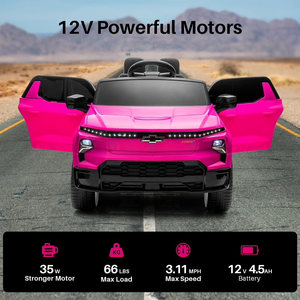 Track 7 12V Ride on Car, Licensed Chevrolet Silverado Electric Car with Remote Control, Bluetooth, LED Lights, Power Display, Rear Storage, 12V Ride on Truck Car for Boys Girls Age 3+, Blue
