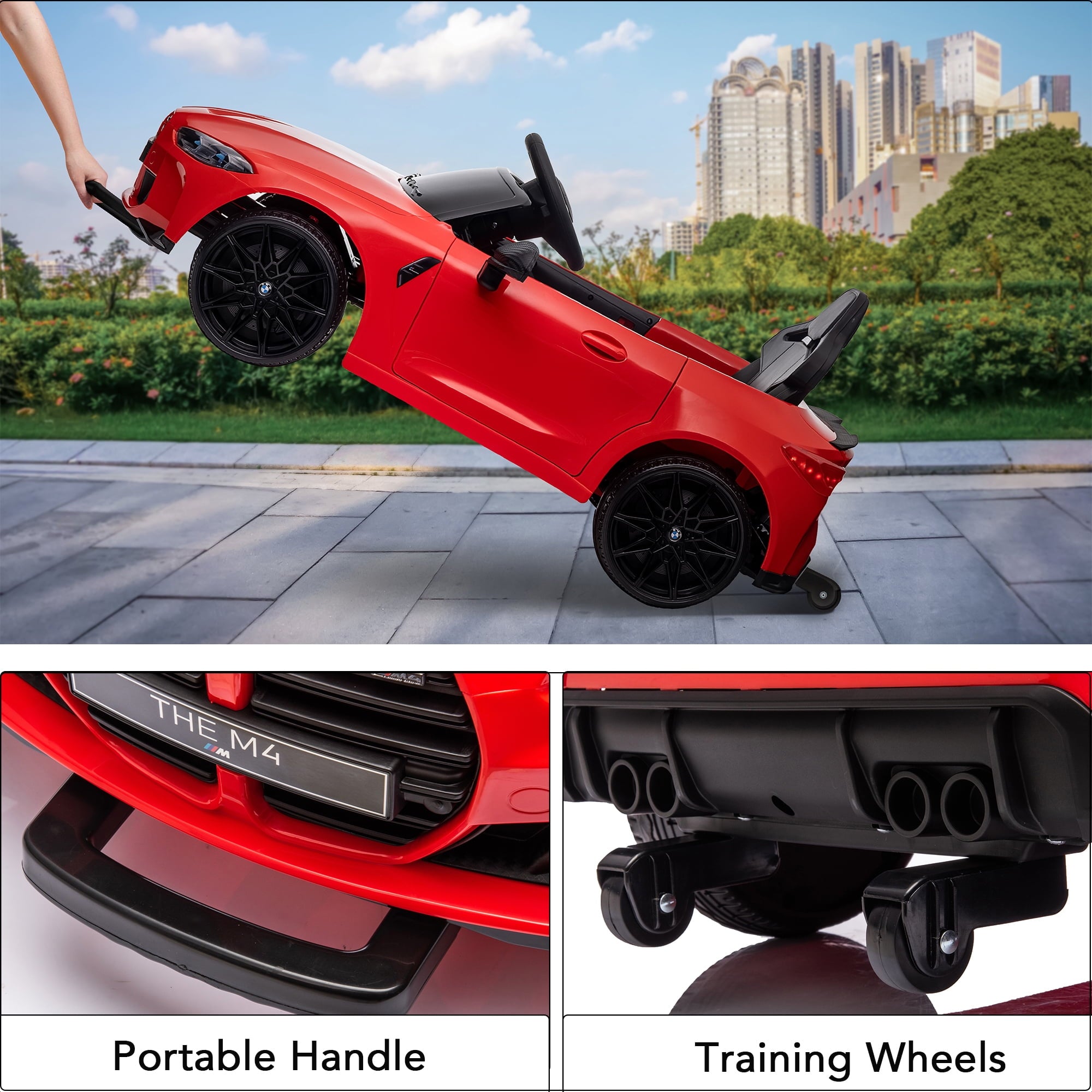 Track 7 12V Ride on Car, Licensed BMW M4 Electric Car, Kids Ride on Car with Remote Control, Bluetooth, Lights, Portable Handle, Red