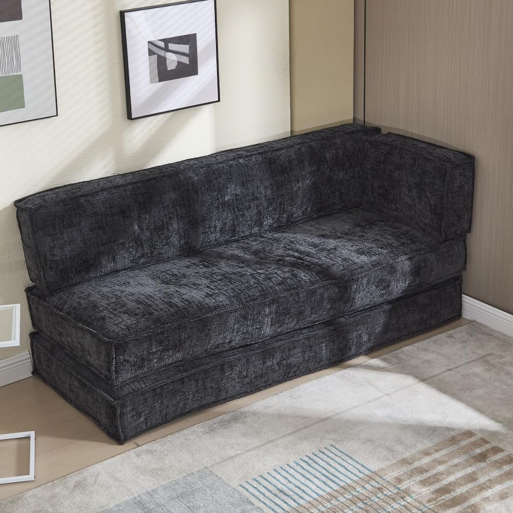 BISHE 78" Modular Sectional Sofa Bed, Chenille Fabric L-Shaped Cloud Couch with Storage Pockets, No Assembly Required, Space-Saving Convertible Sleeper for Living Room, Apartment, Office, Grey