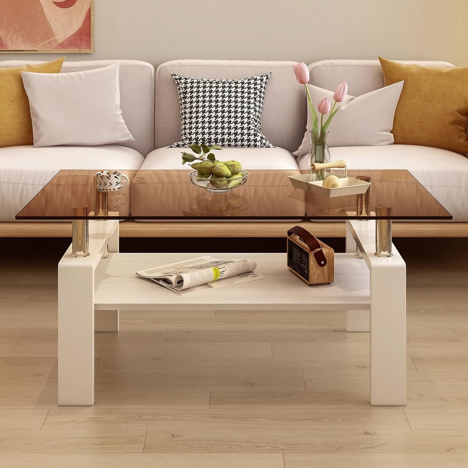 BISHE Glass Coffee Table, Rectangular Modern Design, Tempered Brown Glass Tabletop, White MDF Layer, Sturdy Living Room Center Table, Perfect for Office or Lounge in 36" x 20" Size, Gray+Brown