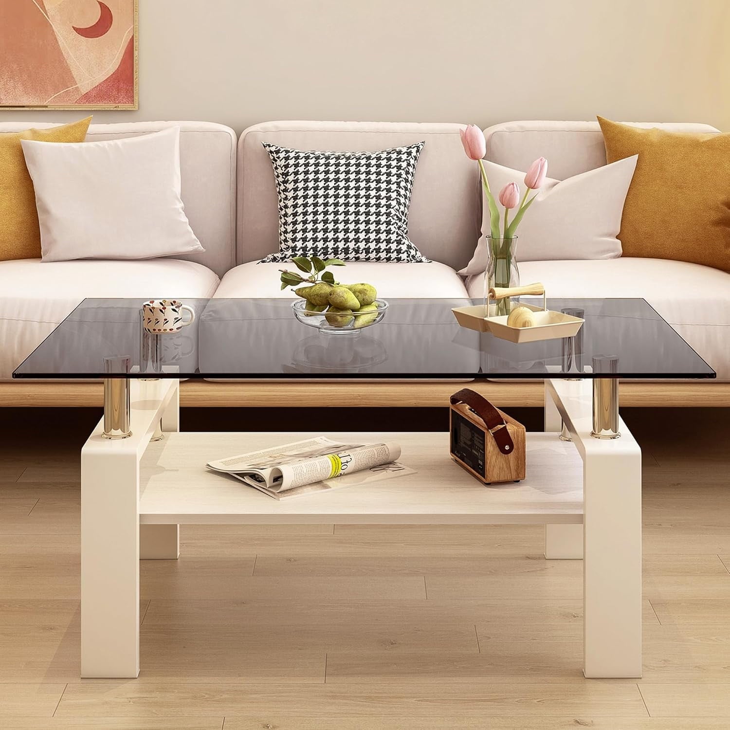 BISHE Glass Coffee Table, Rectangular Modern Design, Tempered Brown Glass Tabletop, White MDF Layer, Sturdy Living Room Center Table, Perfect for Office or Lounge in 36" x 20" Size, Gray+Brown