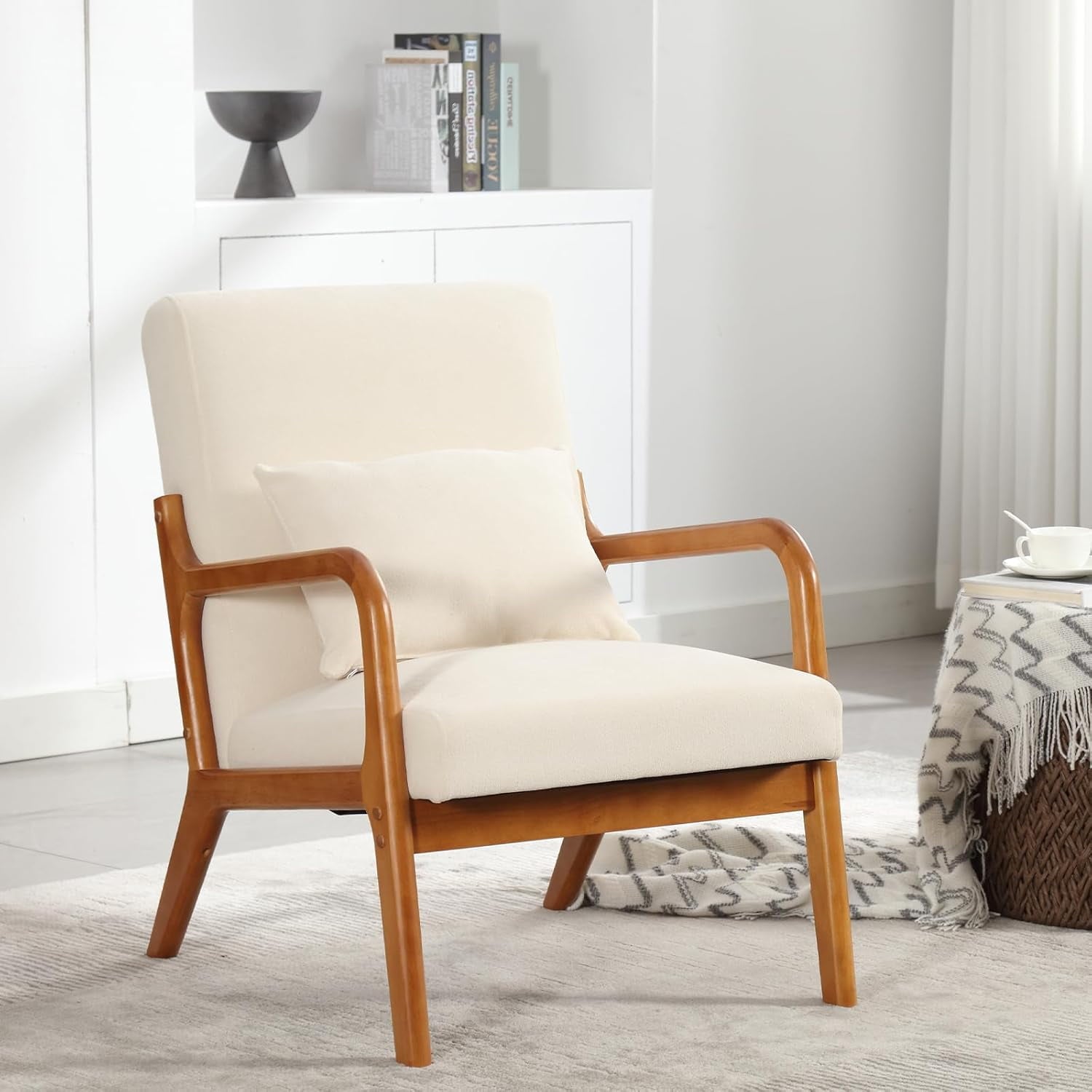 BISHE Mid Century Modern Accent Chair, Solid Wood Frame Lounge Armchair with PU Leather Upholstery & Included Pillow, Comfortable Reading Chair for Living Room or Office, PU Leather, Light Brown